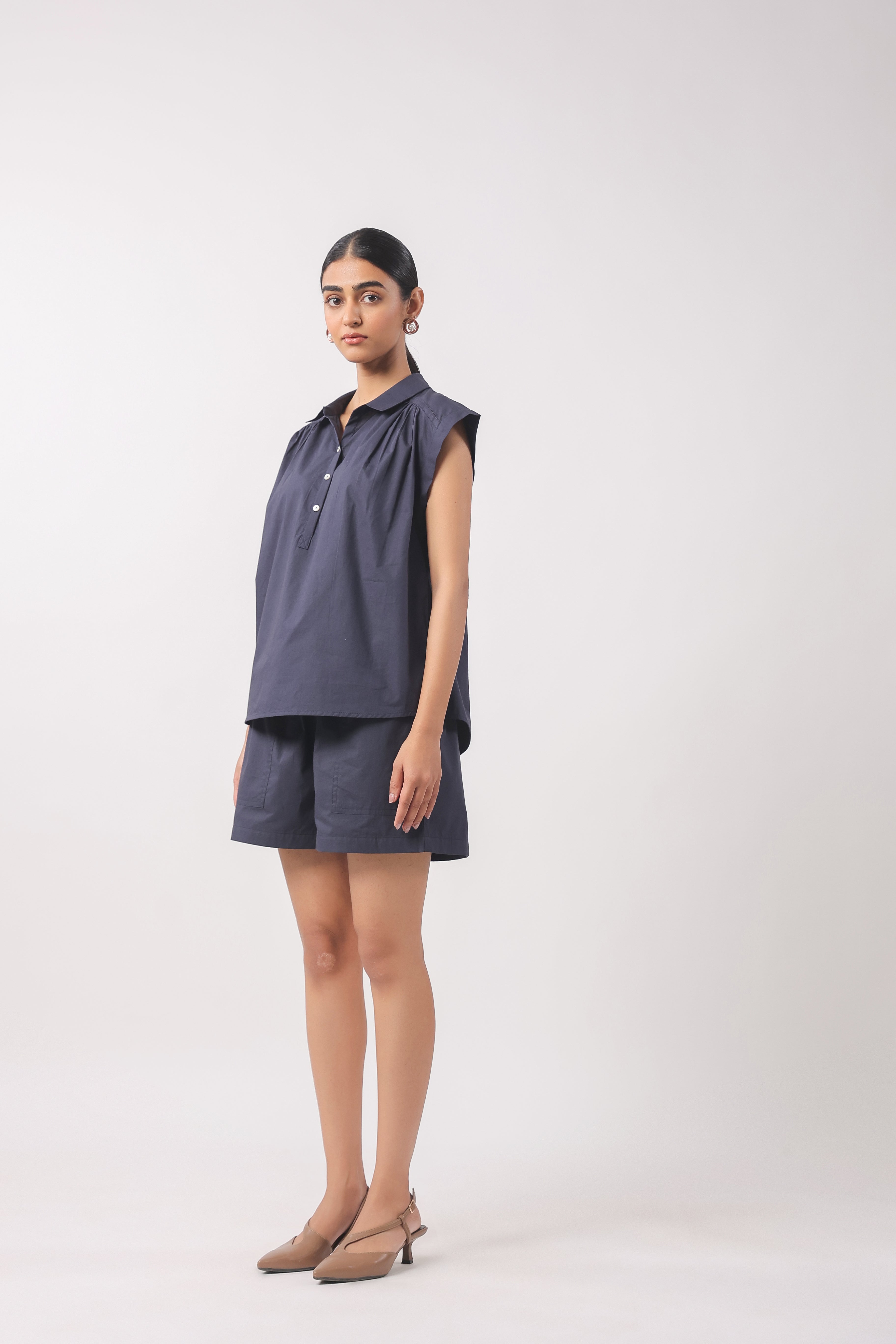Women’s Navy Blue Cotton Top with Navy Blue Shorts Co-Ord Set