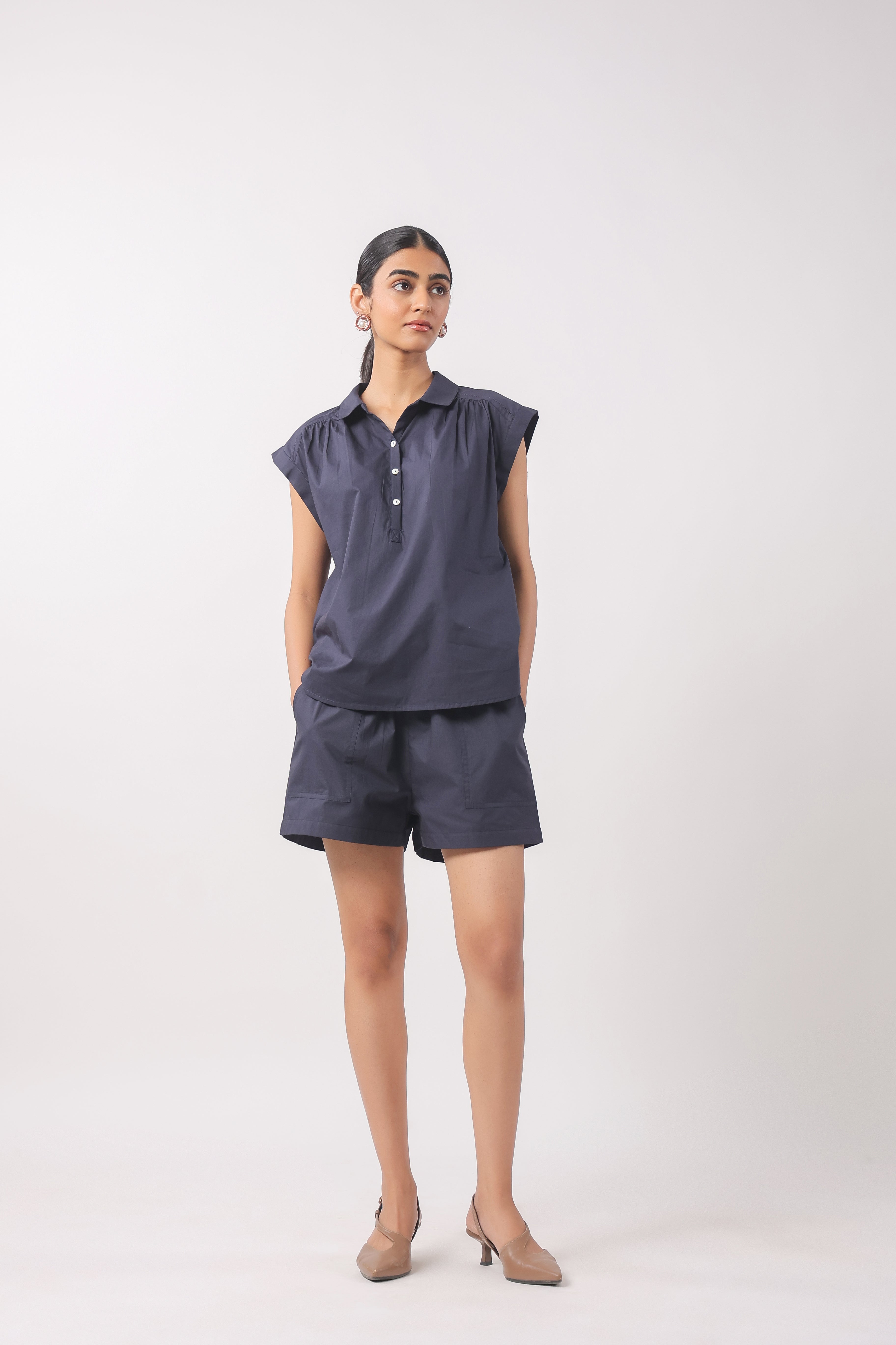 Women’s Navy Blue Cotton Top with Navy Blue Shorts Co-Ord Set