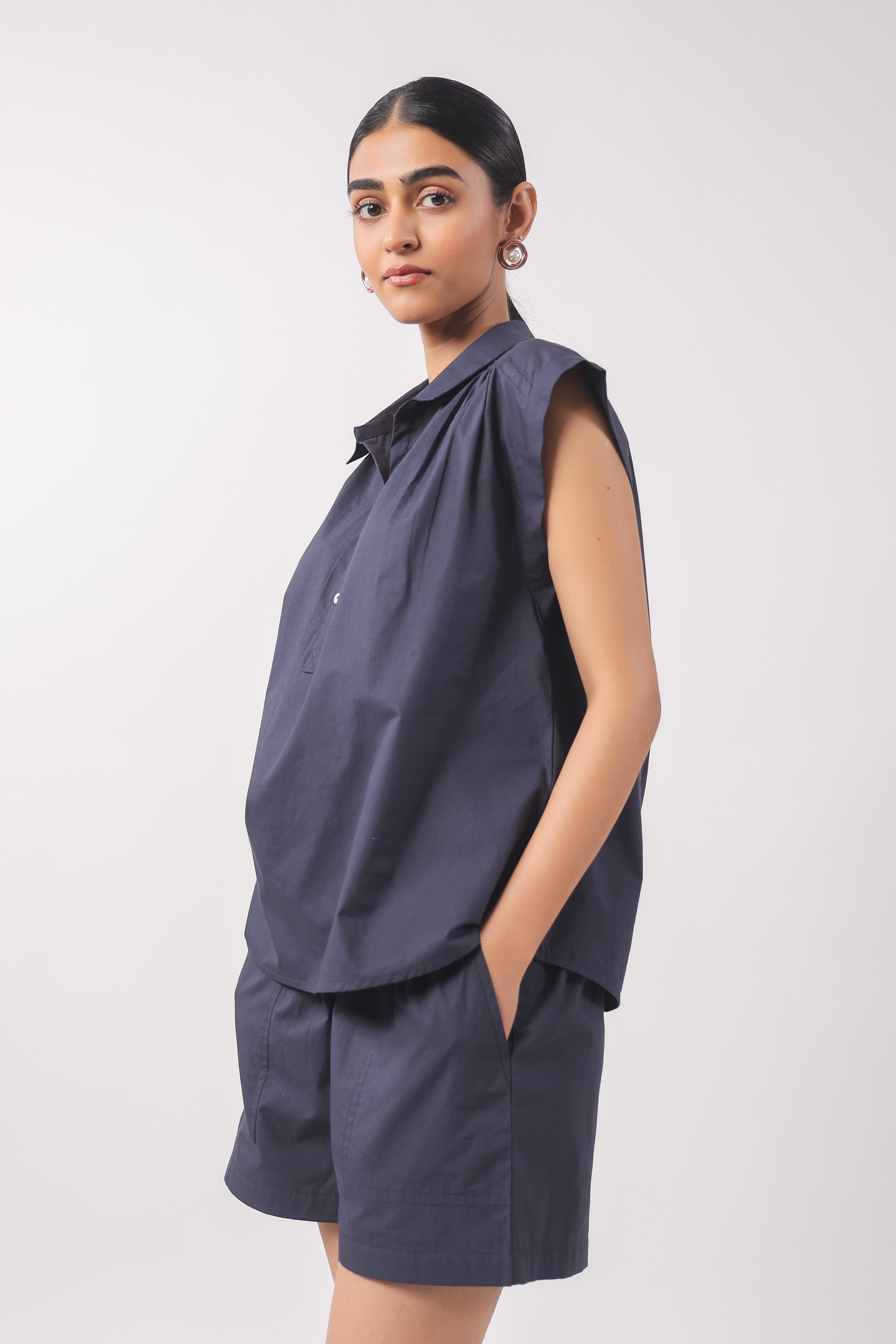 Women’s Navy Blue Cotton Top with Navy Blue Shorts Co-Ord Set