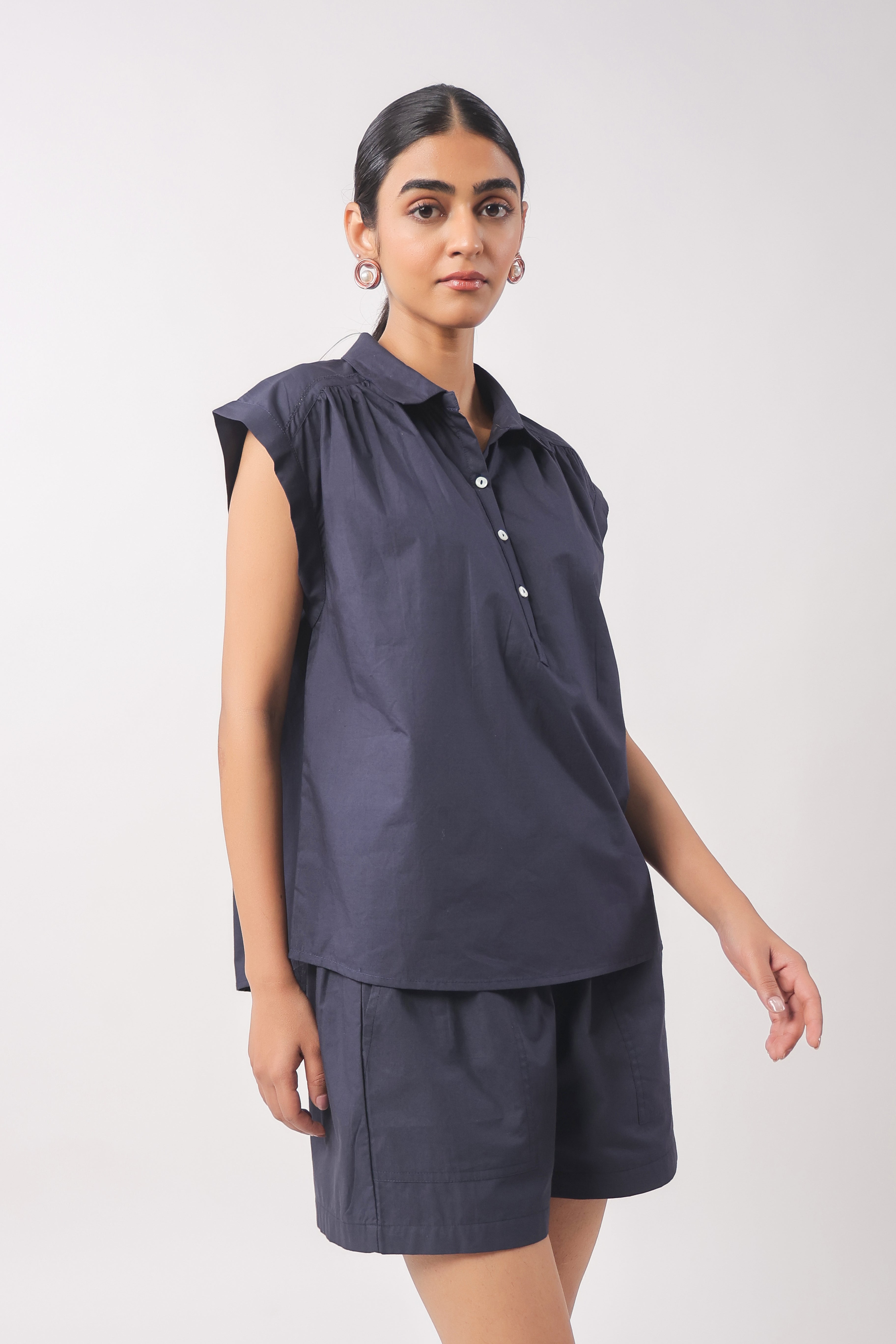 Women’s Navy Blue Cotton Top with Navy Blue Shorts Co-Ord Set