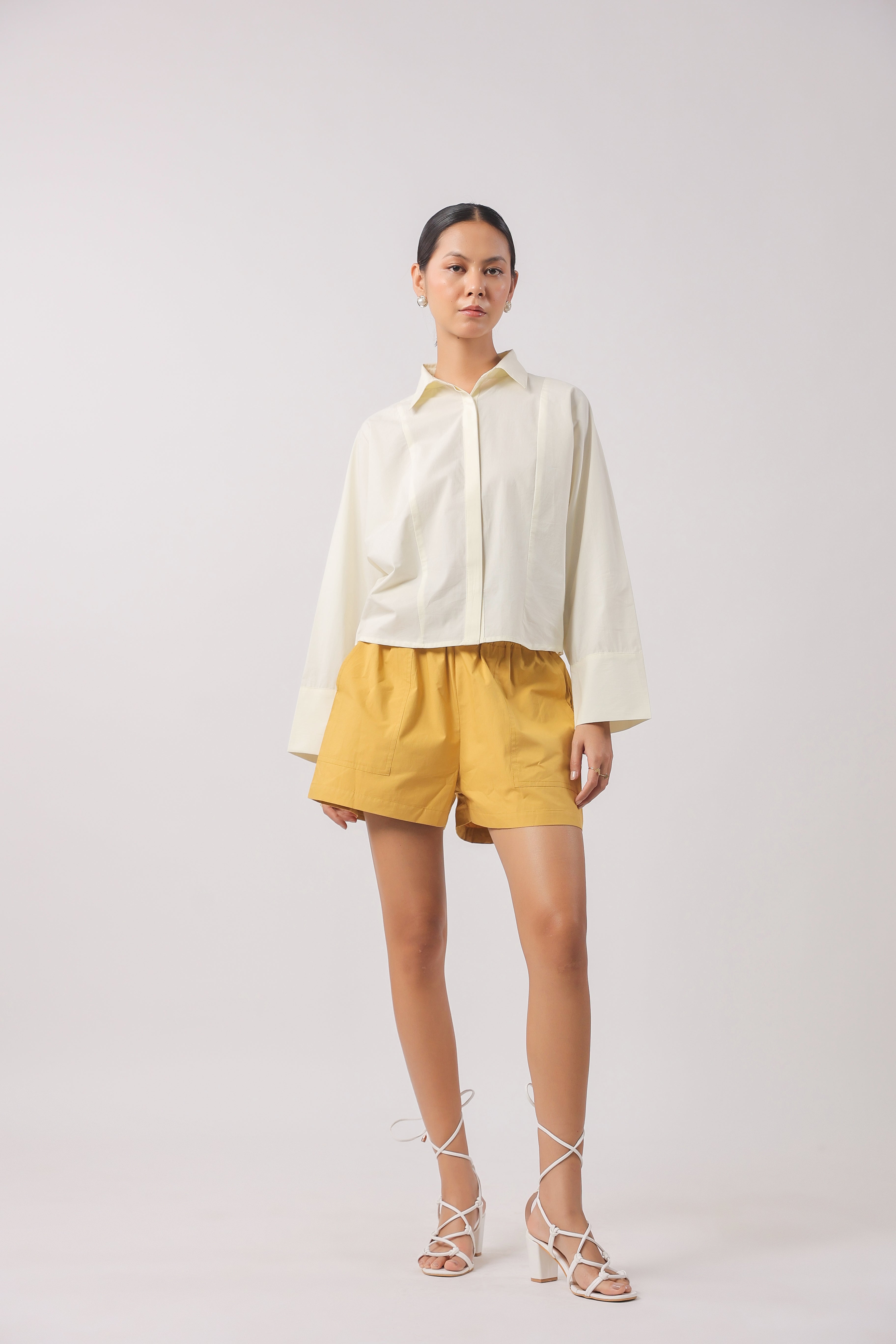 Women’s Off-White Cotton Top with Yellow Shorts