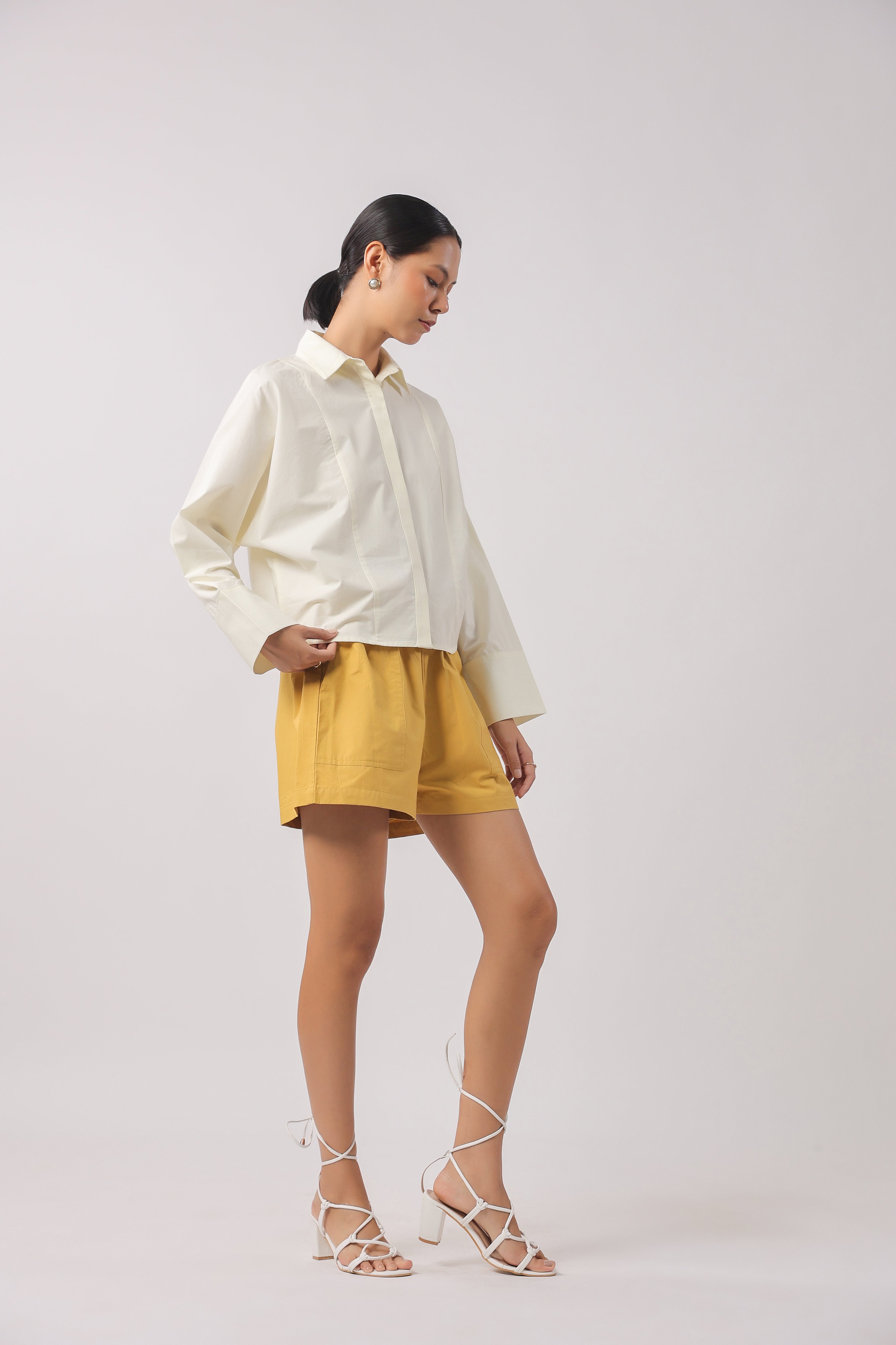 Women’s Off-White Cotton Top with Yellow Shorts