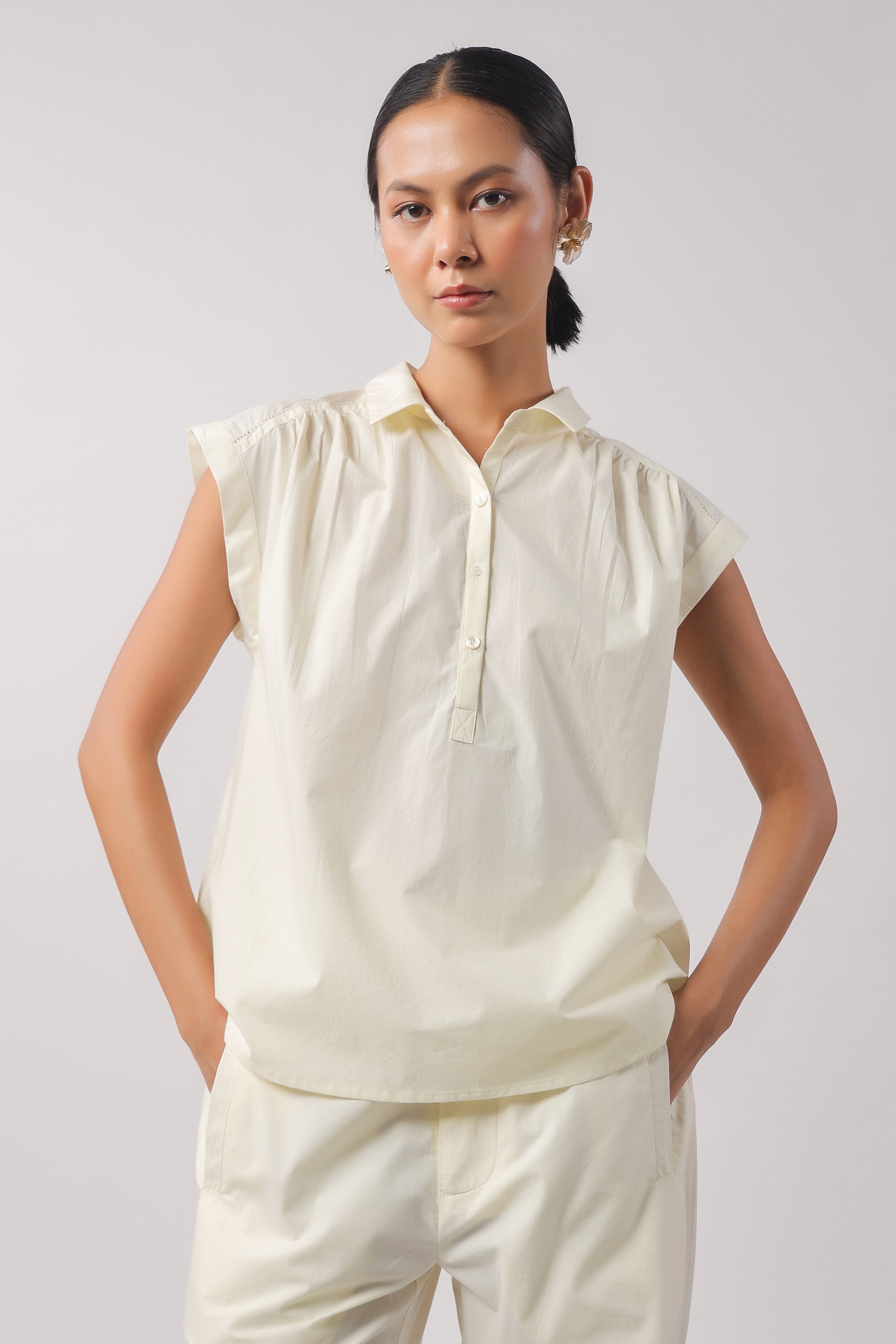 Women’s Off-White Cotton Top with Off-White Pants Co-Ord Set