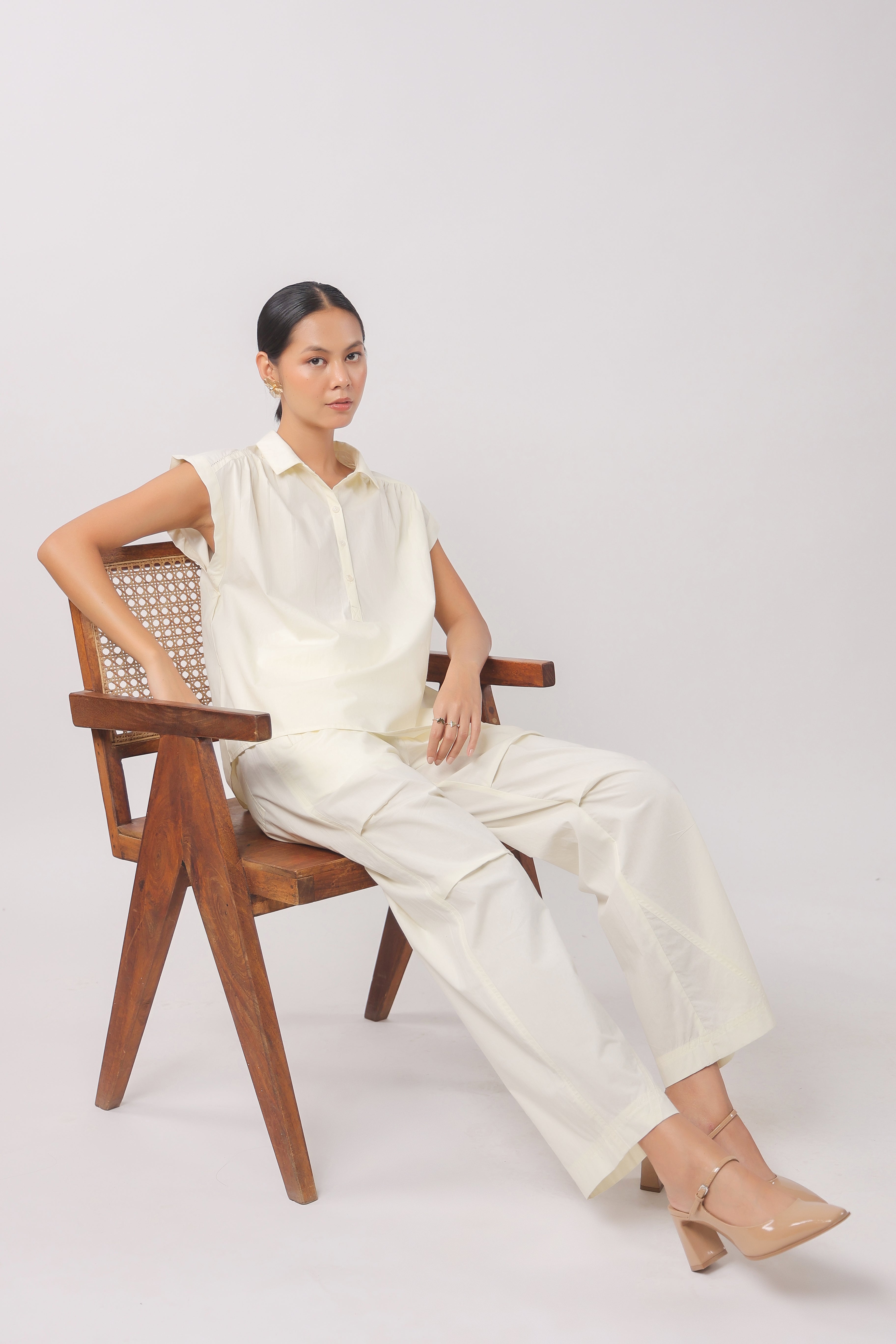 Women’s Off-White Cotton Top with Off-White Pants Co-Ord Set