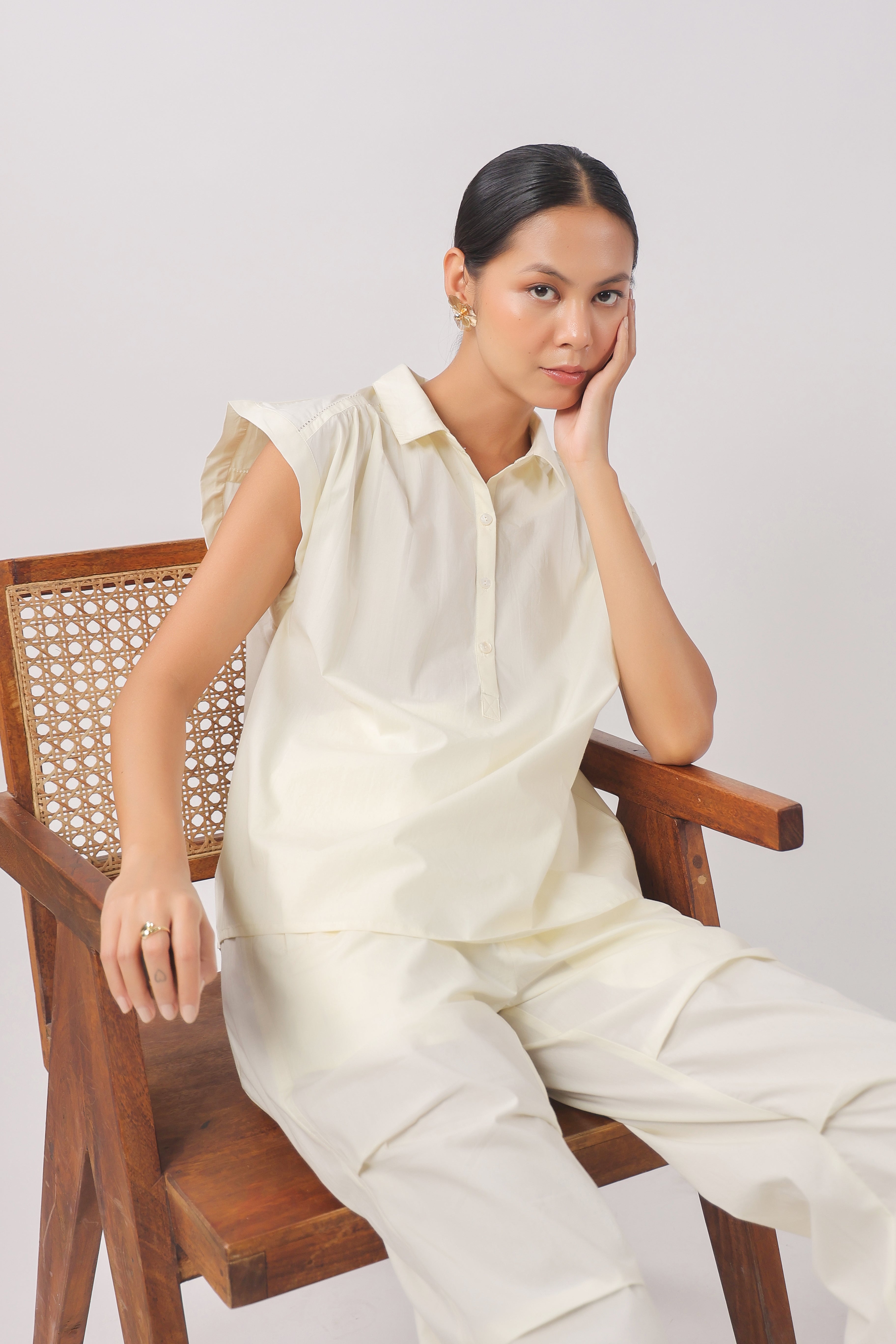 Women’s Off-White Cotton Top with Off-White Pants Co-Ord Set