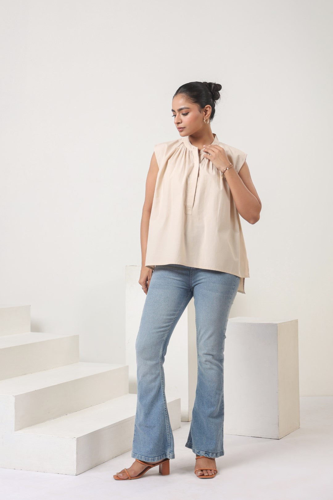Womens Beige Cotton Top