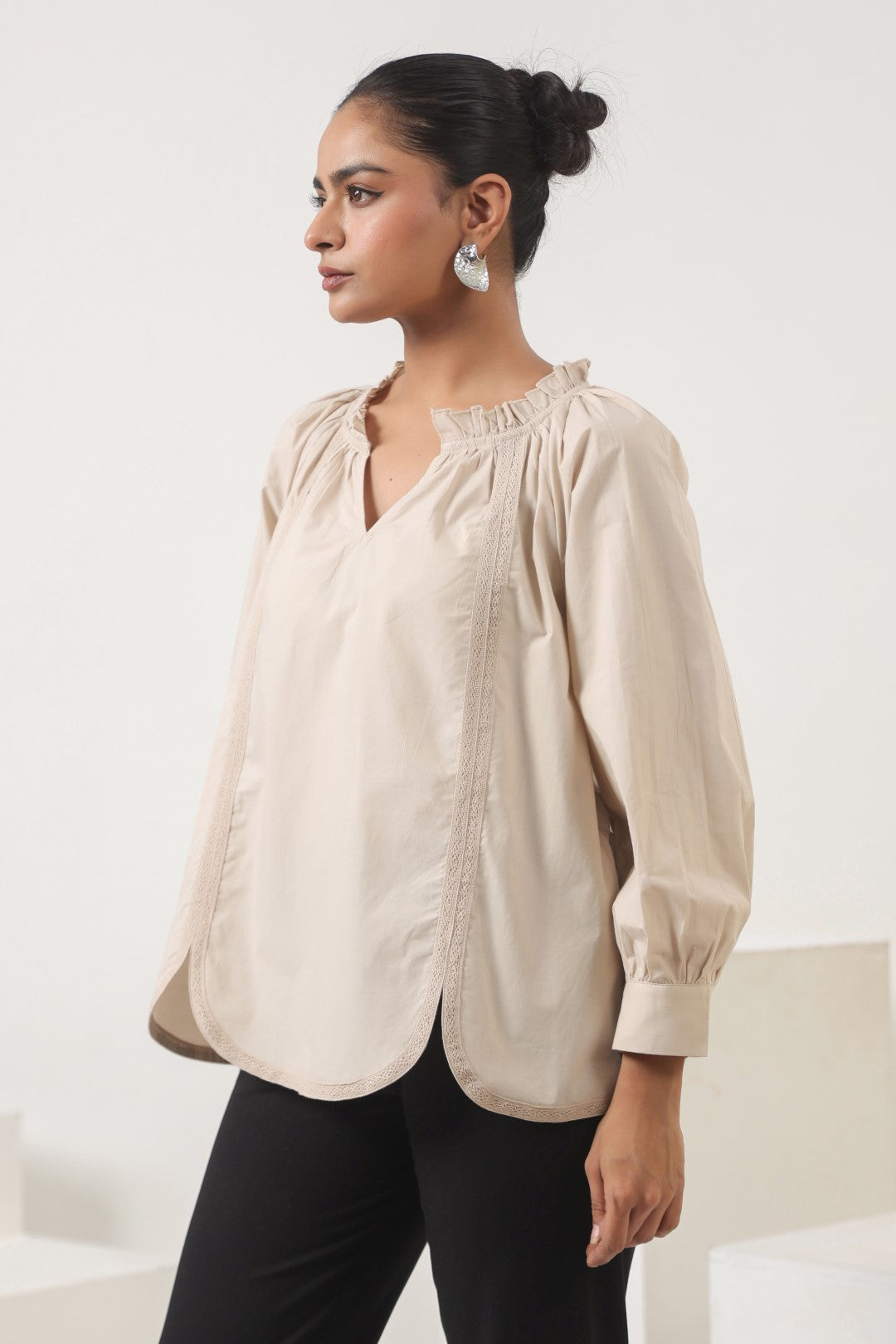 Women Cotton Beige Top With laces