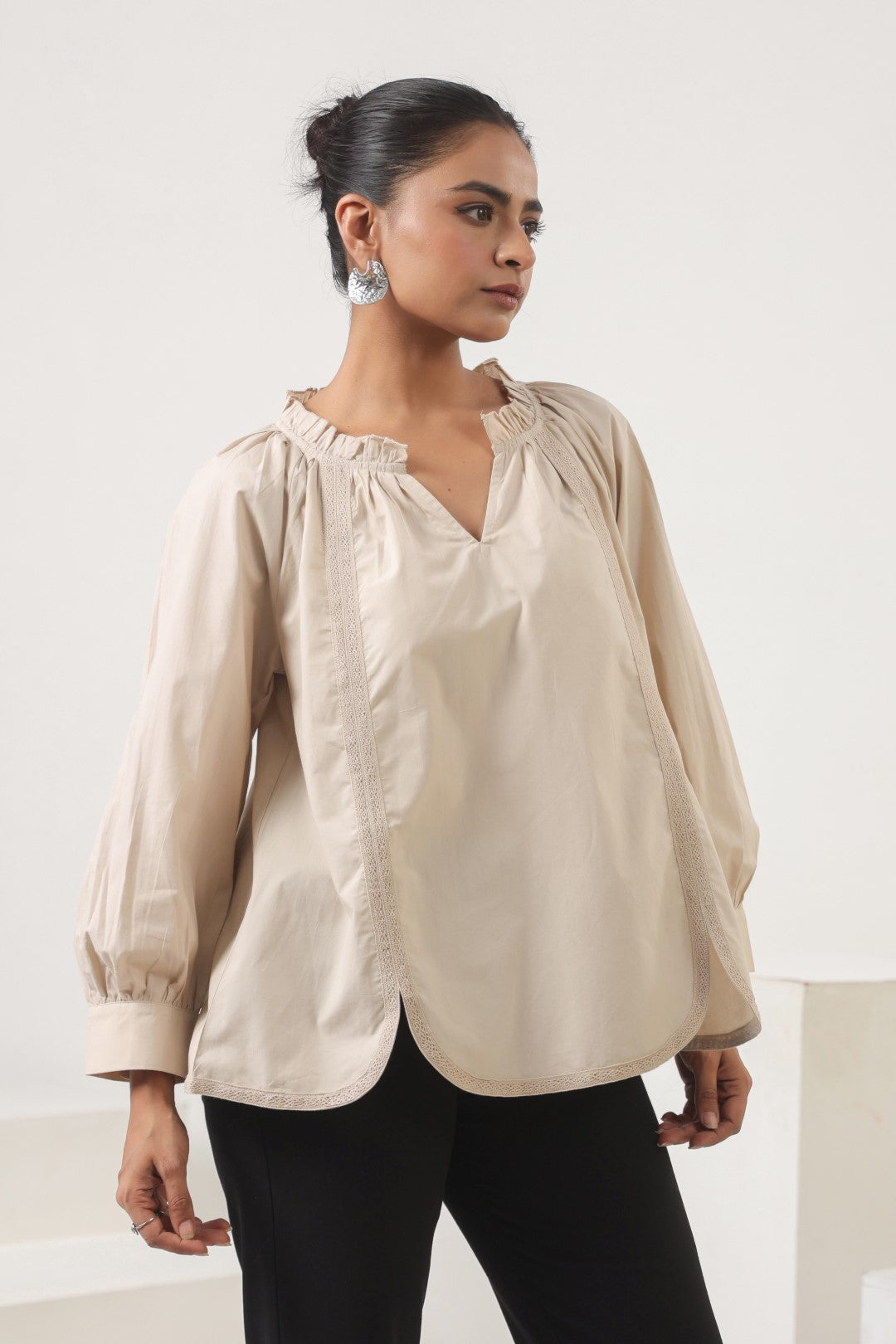 Women Cotton Beige Top With laces