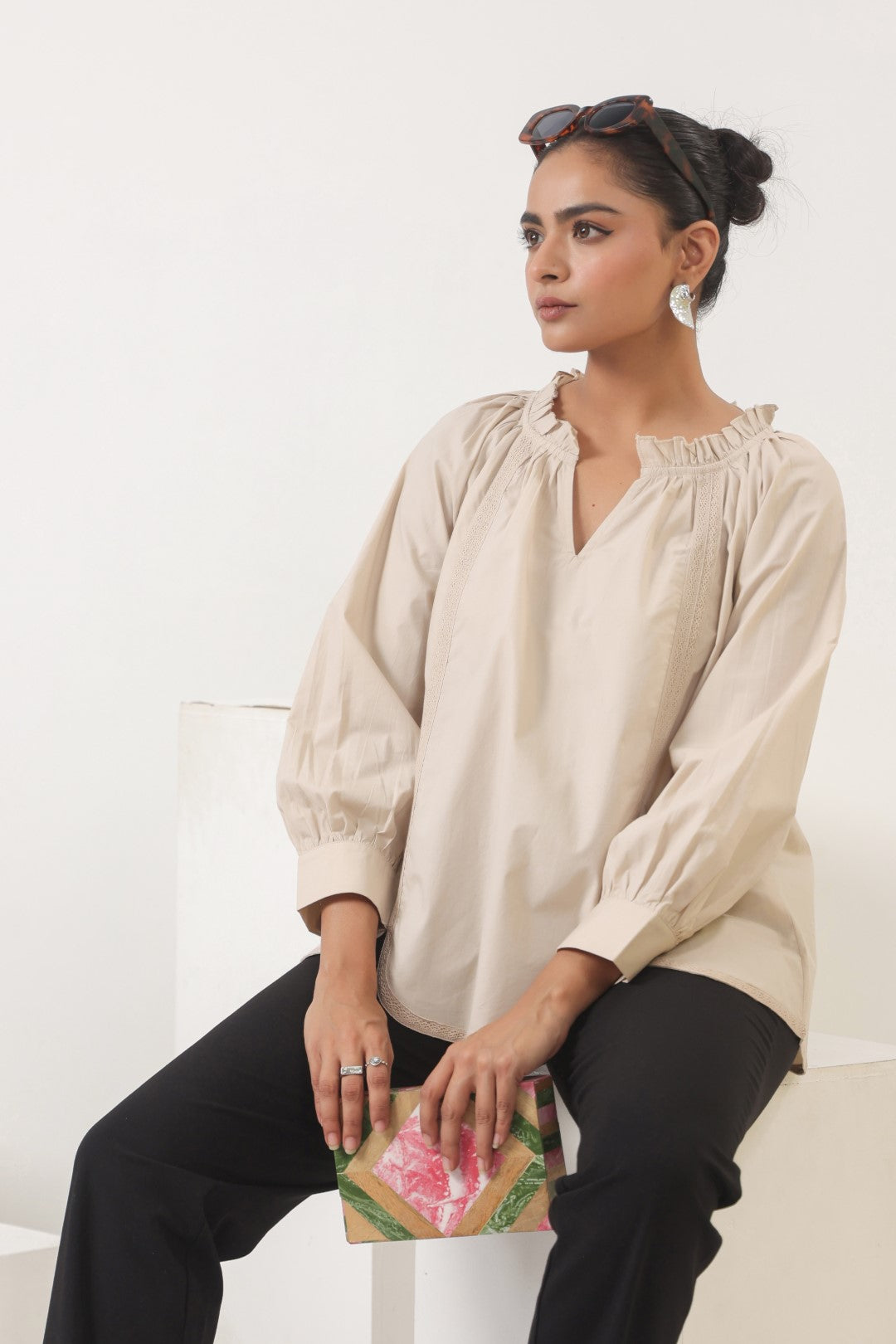 Women Cotton Beige Top With laces