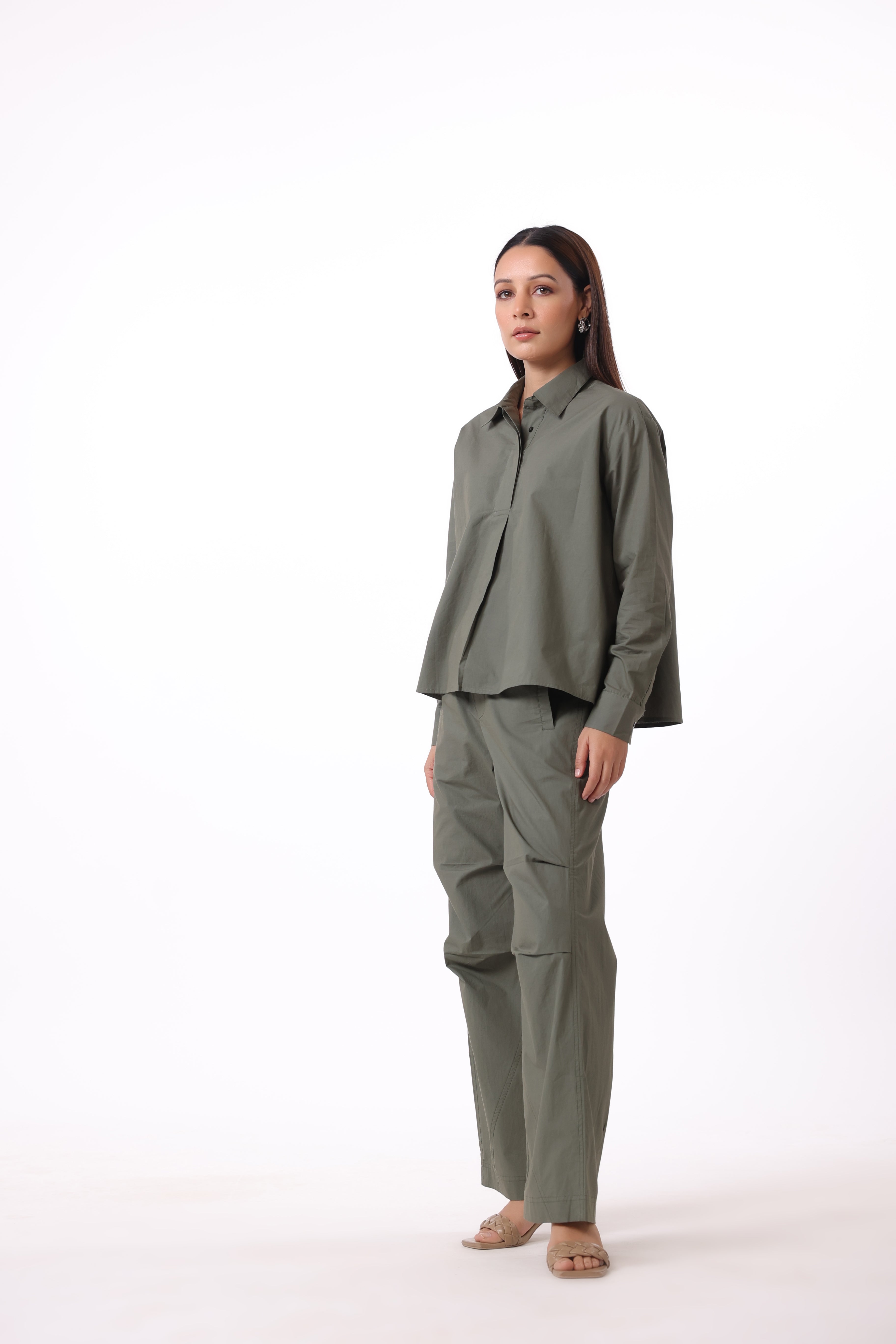 Women’s Green Cotton Shirt with Green Cotton Pant Co-Ord Set