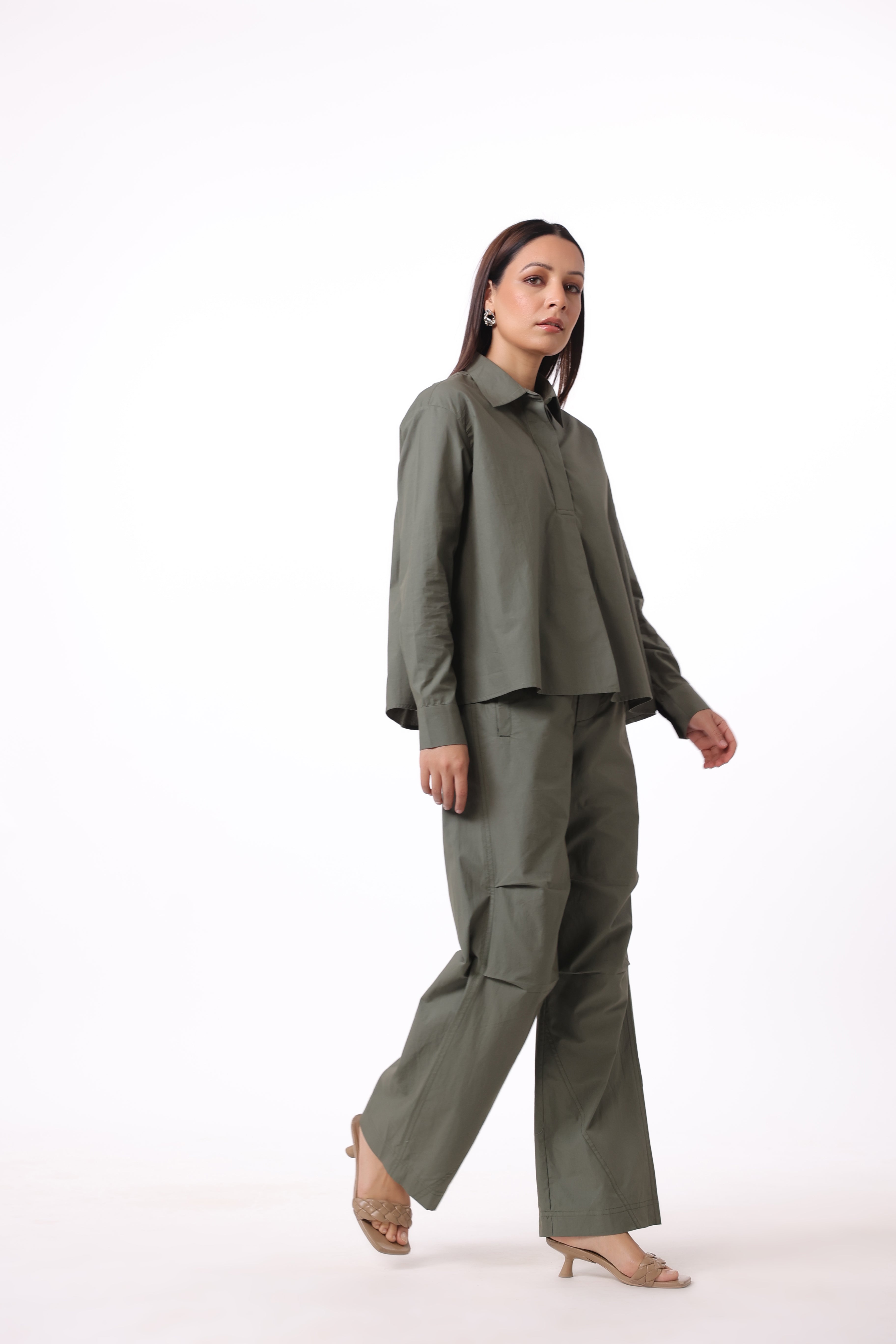 Women’s Green Cotton Shirt with Green Cotton Pant Co-Ord Set