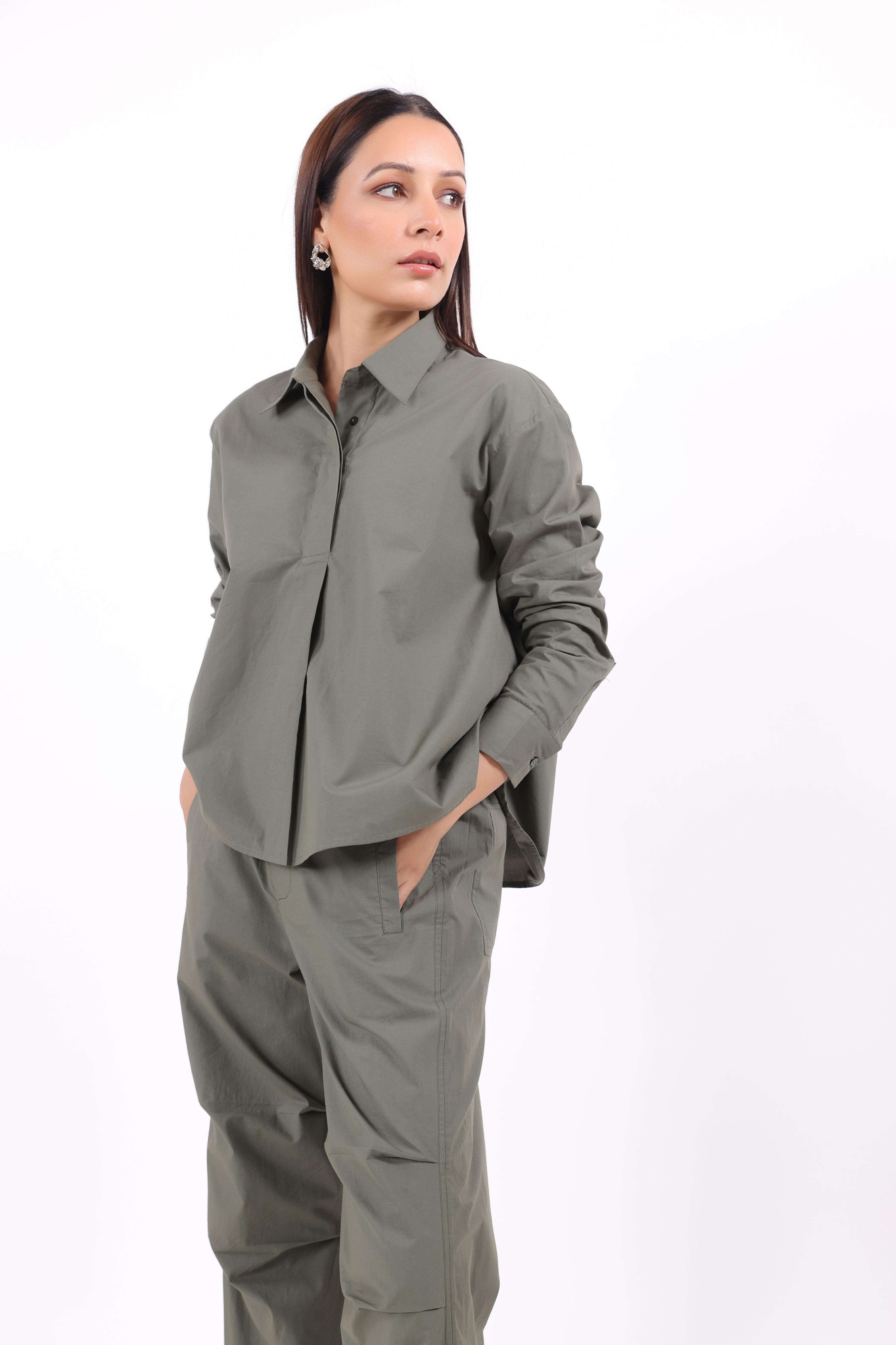 Women’s Green Cotton Shirt with Green Cotton Pant Co-Ord Set