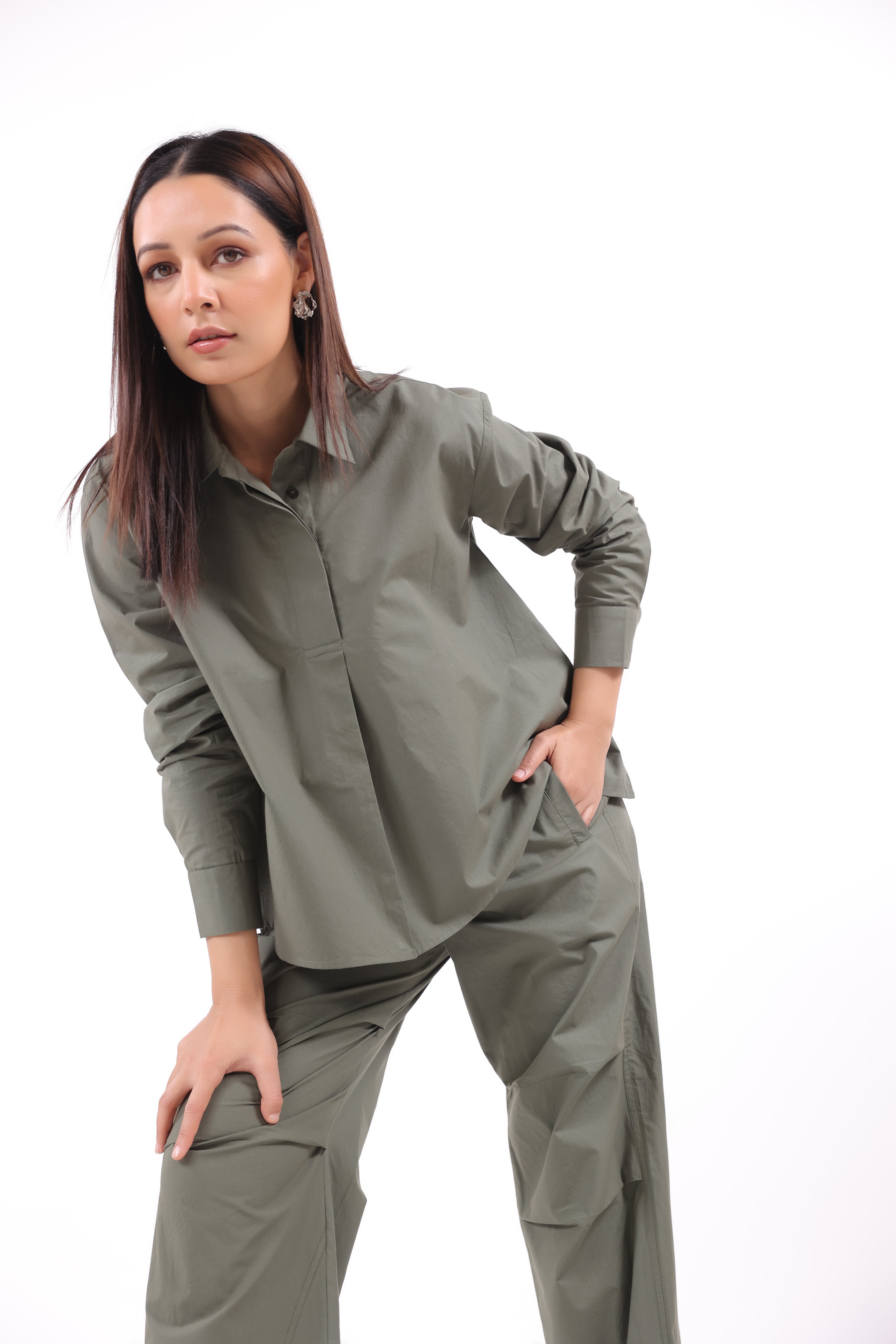 Women’s Green Cotton Shirt with Green Cotton Pant Co-Ord Set