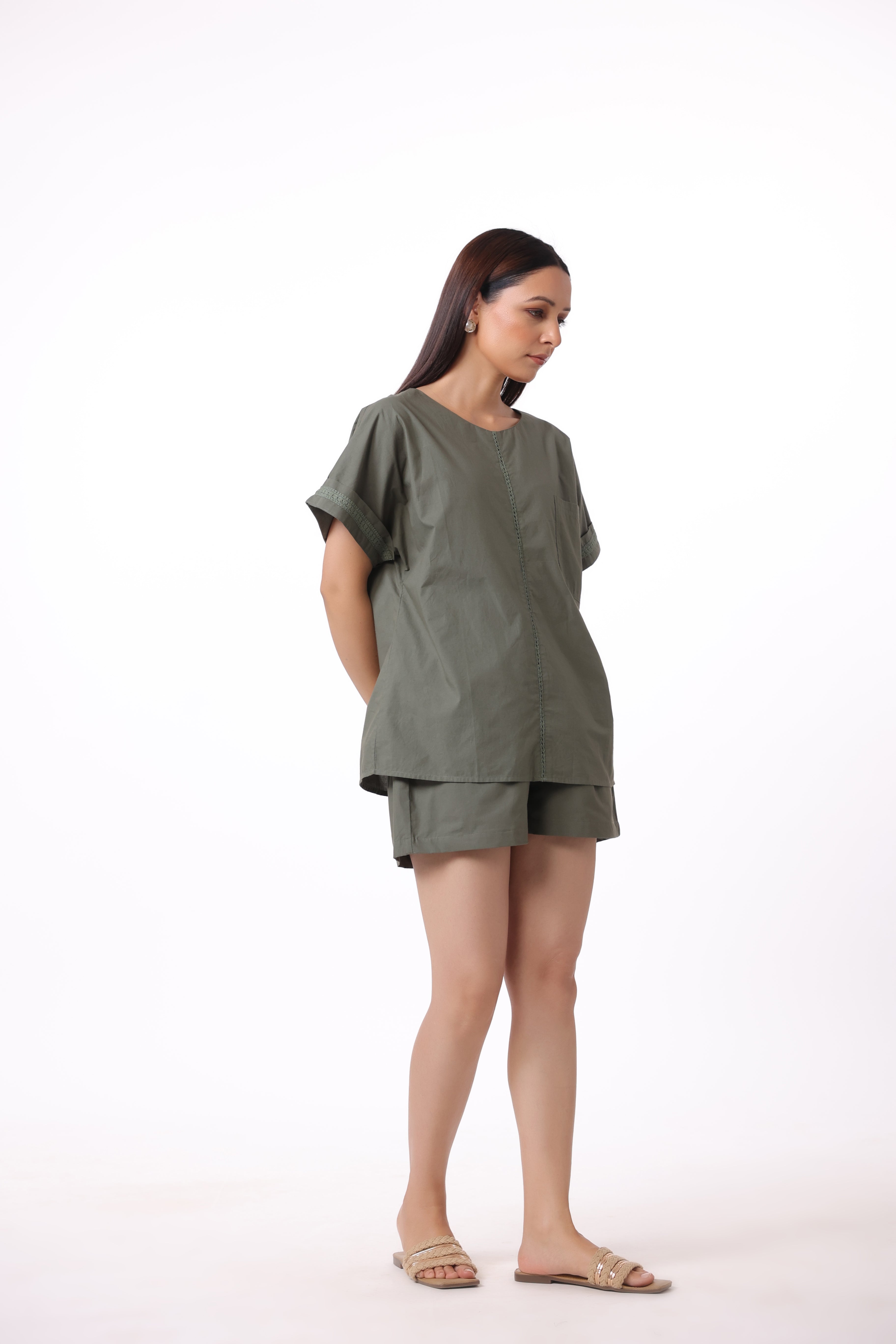 Women’s Green Cotton Top with Green Cotton Shorts Co-Ord Set