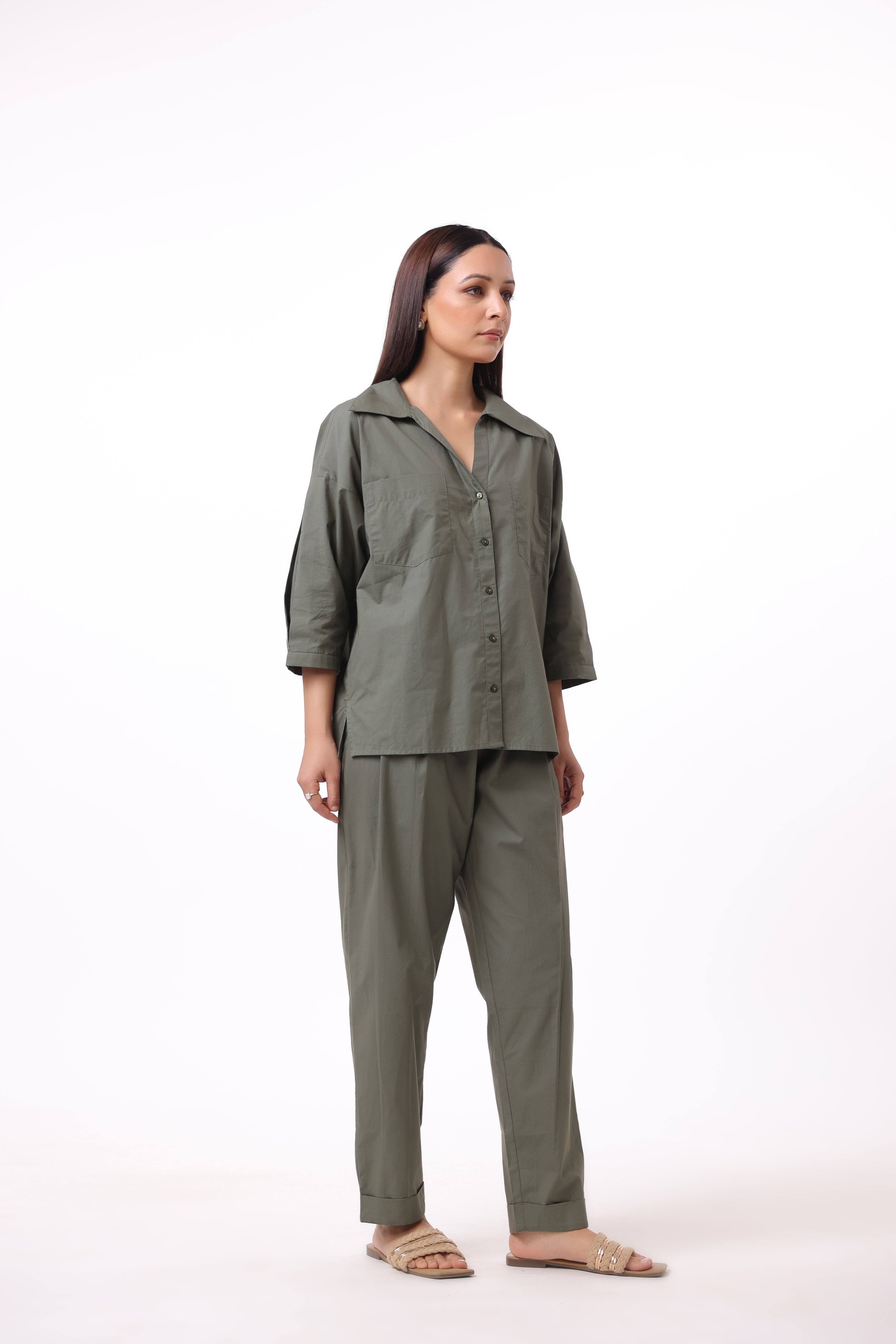 Women’s Green Cotton Shirt with Cotton Pant Co-Ord Set