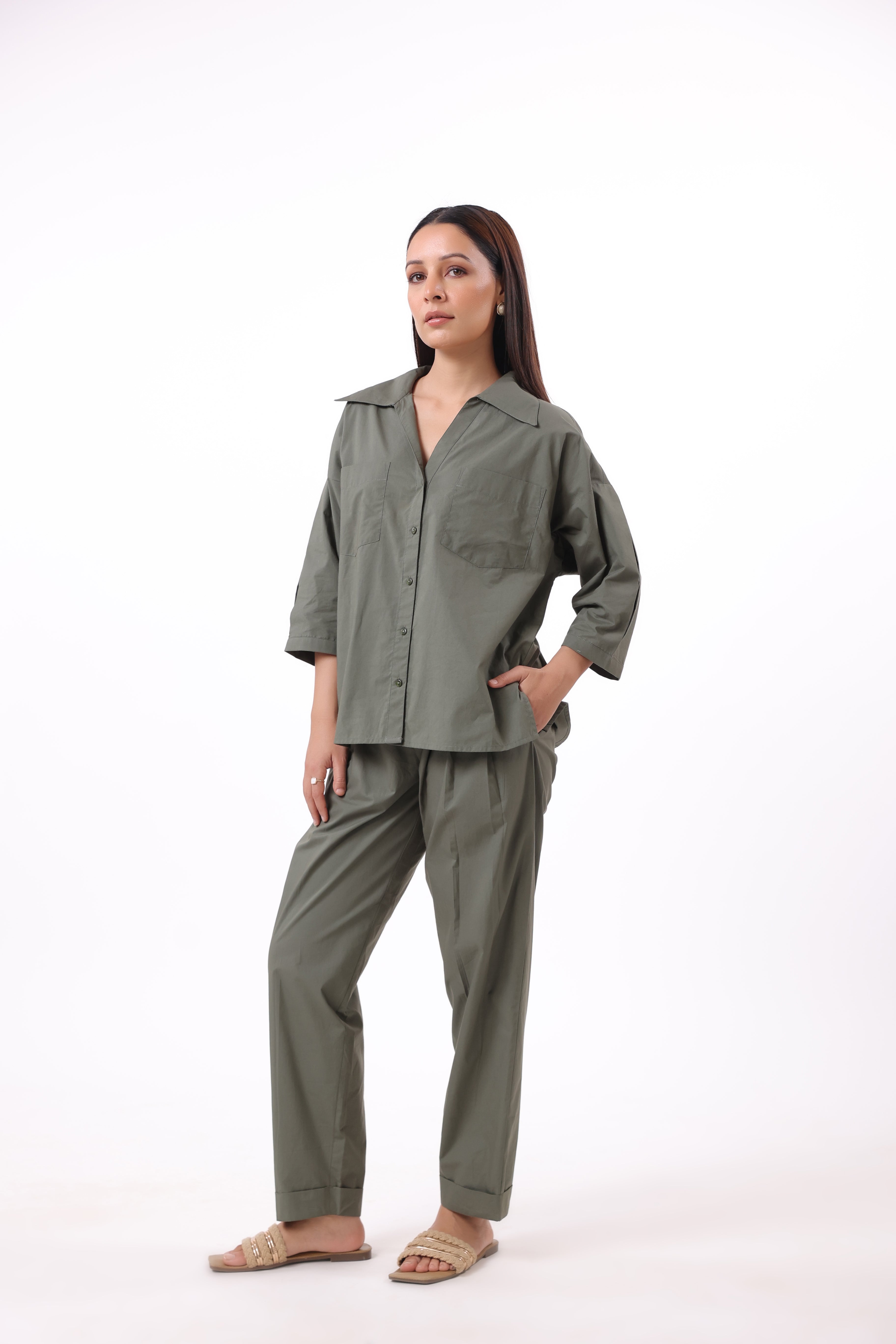 Women’s Green Cotton Shirt with Cotton Pant Co-Ord Set