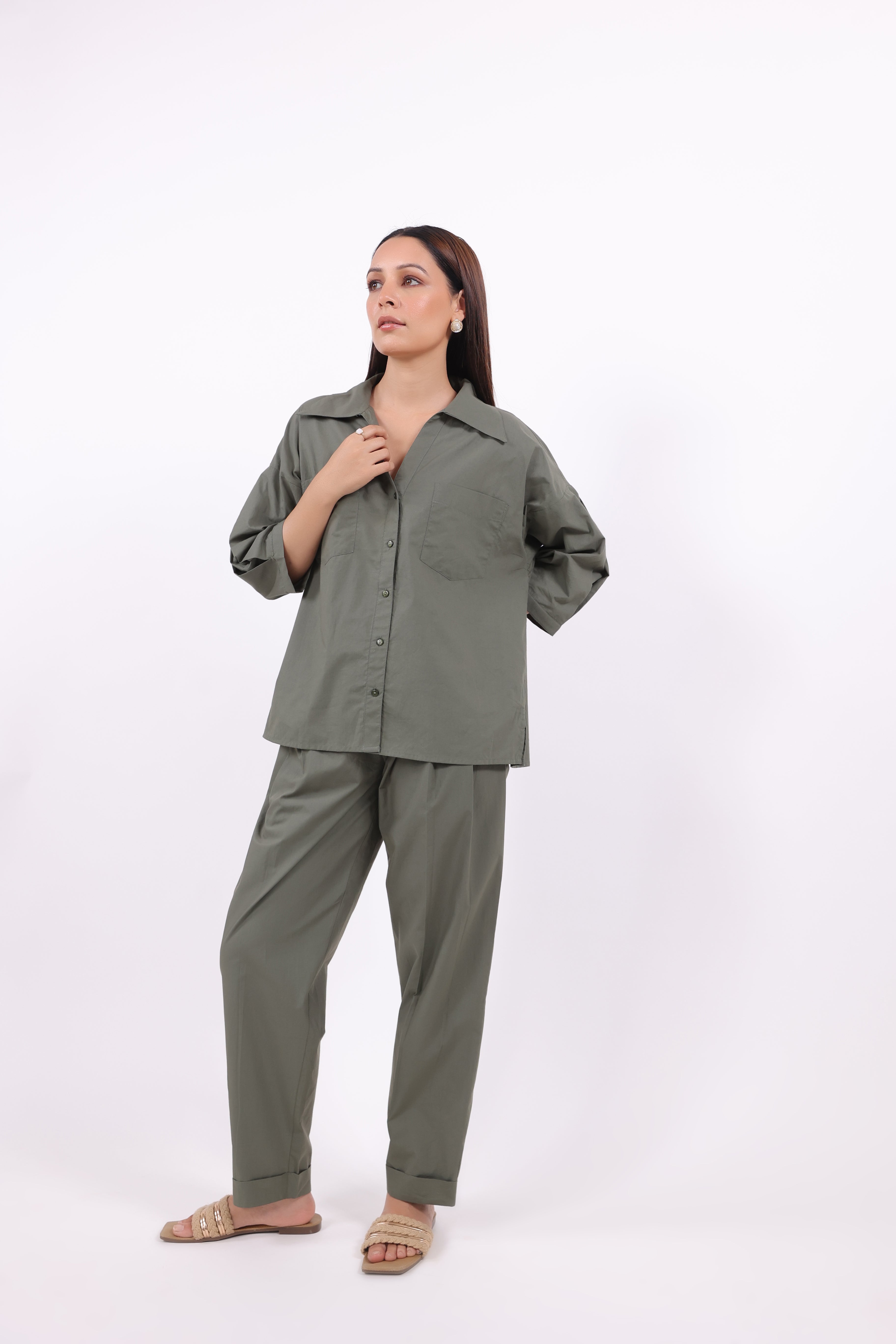 Women’s Green Cotton Shirt with Cotton Pant Co-Ord Set