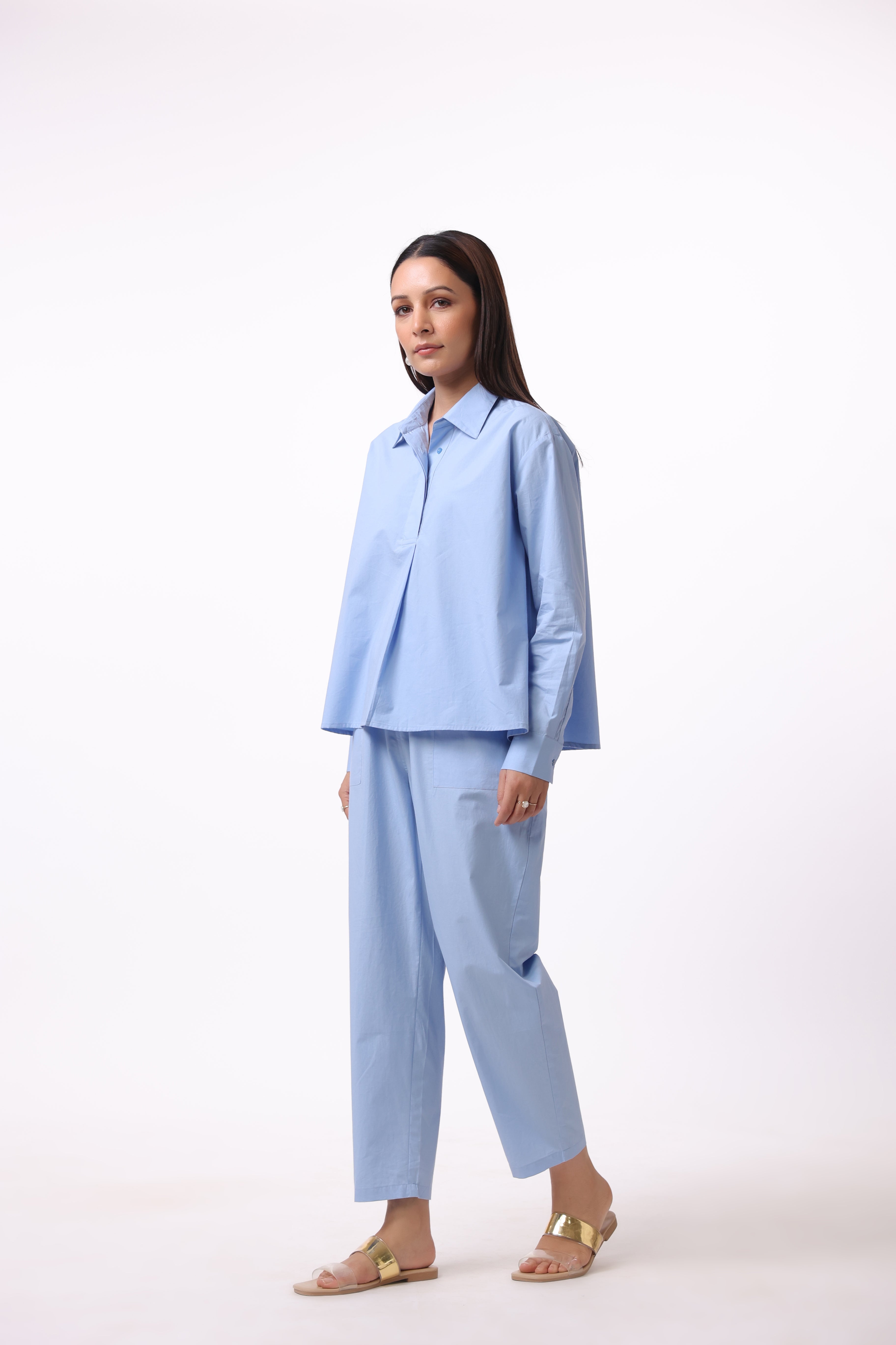 MUUN Women Blue Solid Cotton Top & Pant Co-Ord Set