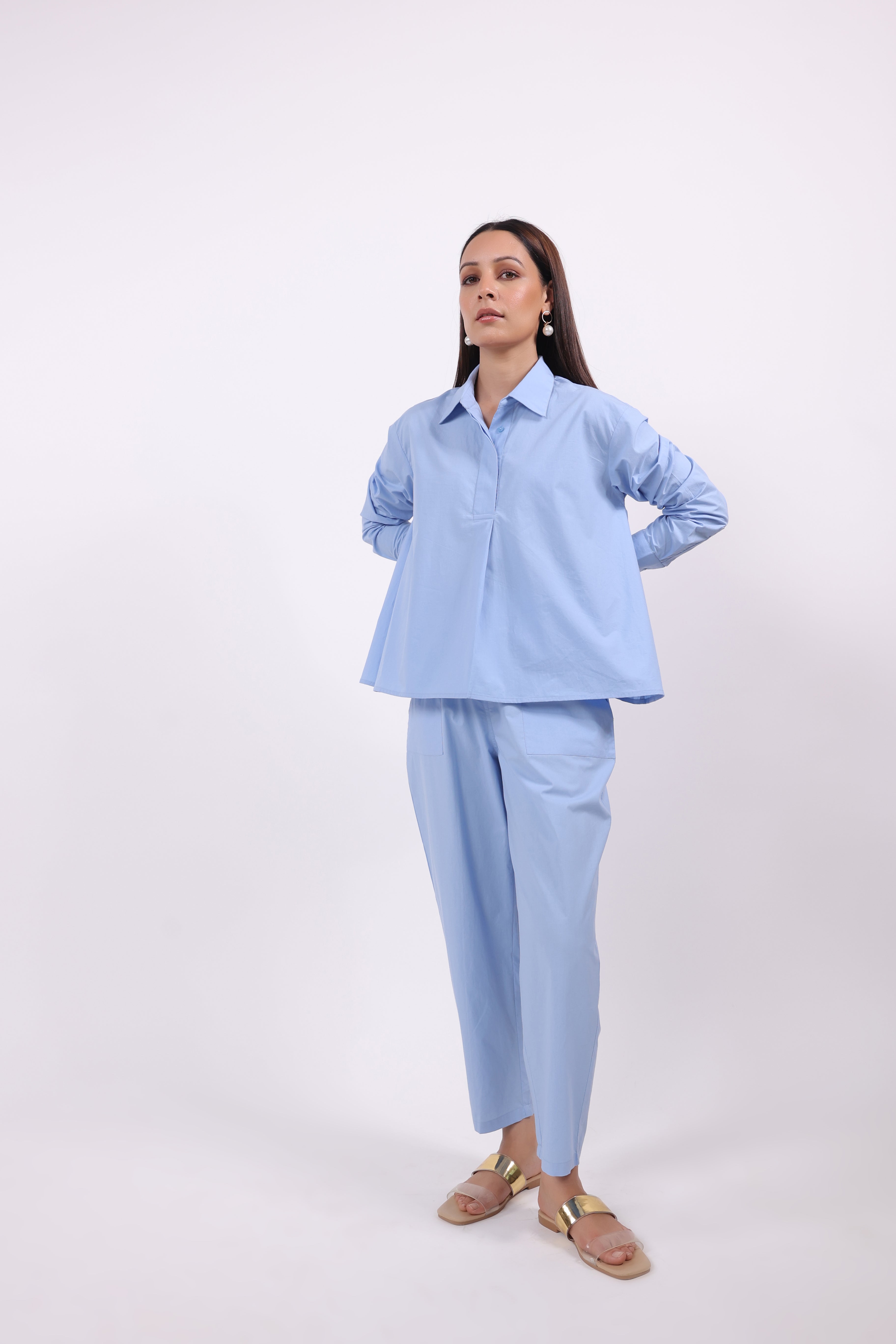 MUUN Women Blue Solid Cotton Top & Pant Co-Ord Set