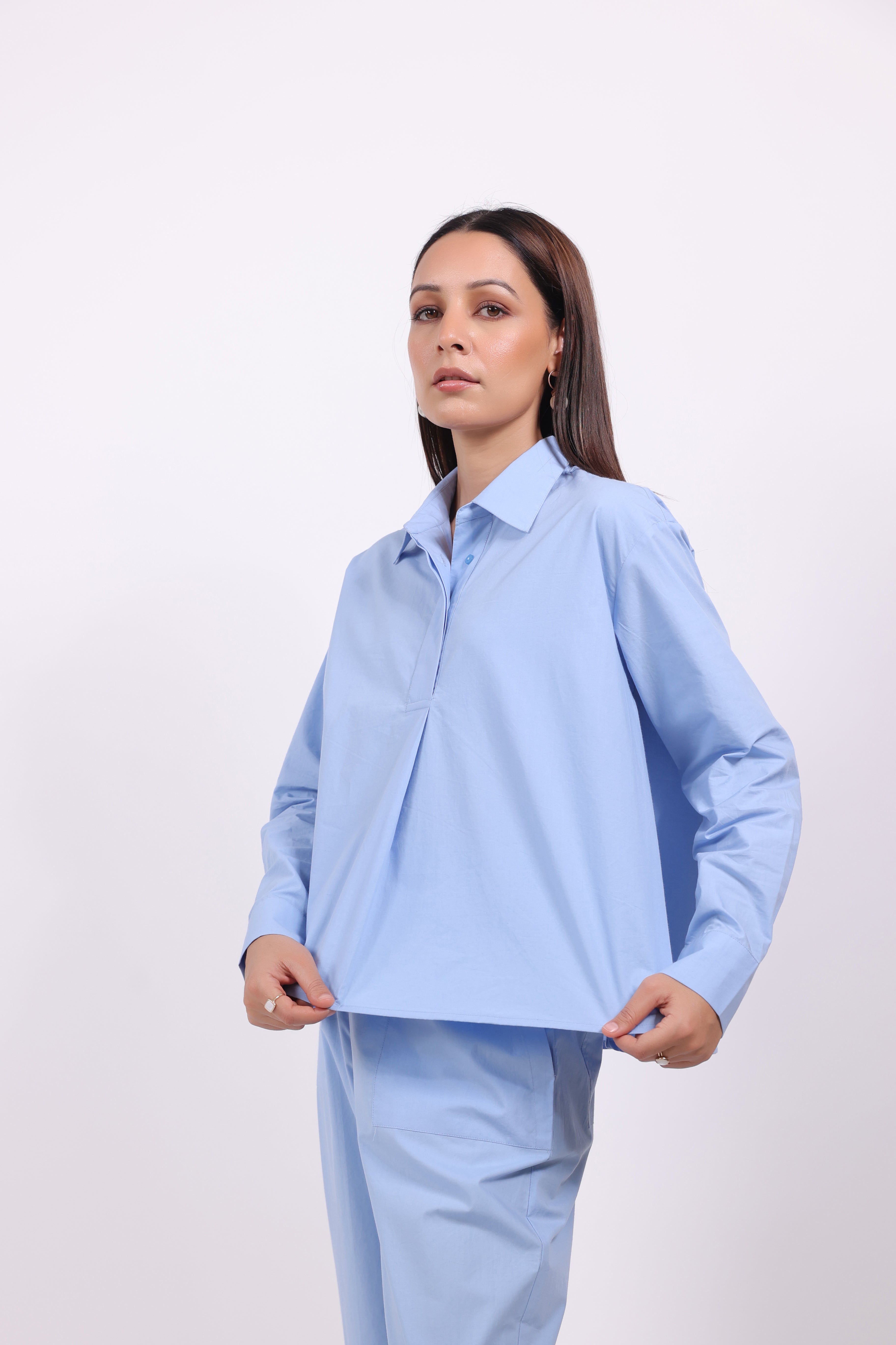 MUUN Women Blue Solid Cotton Top