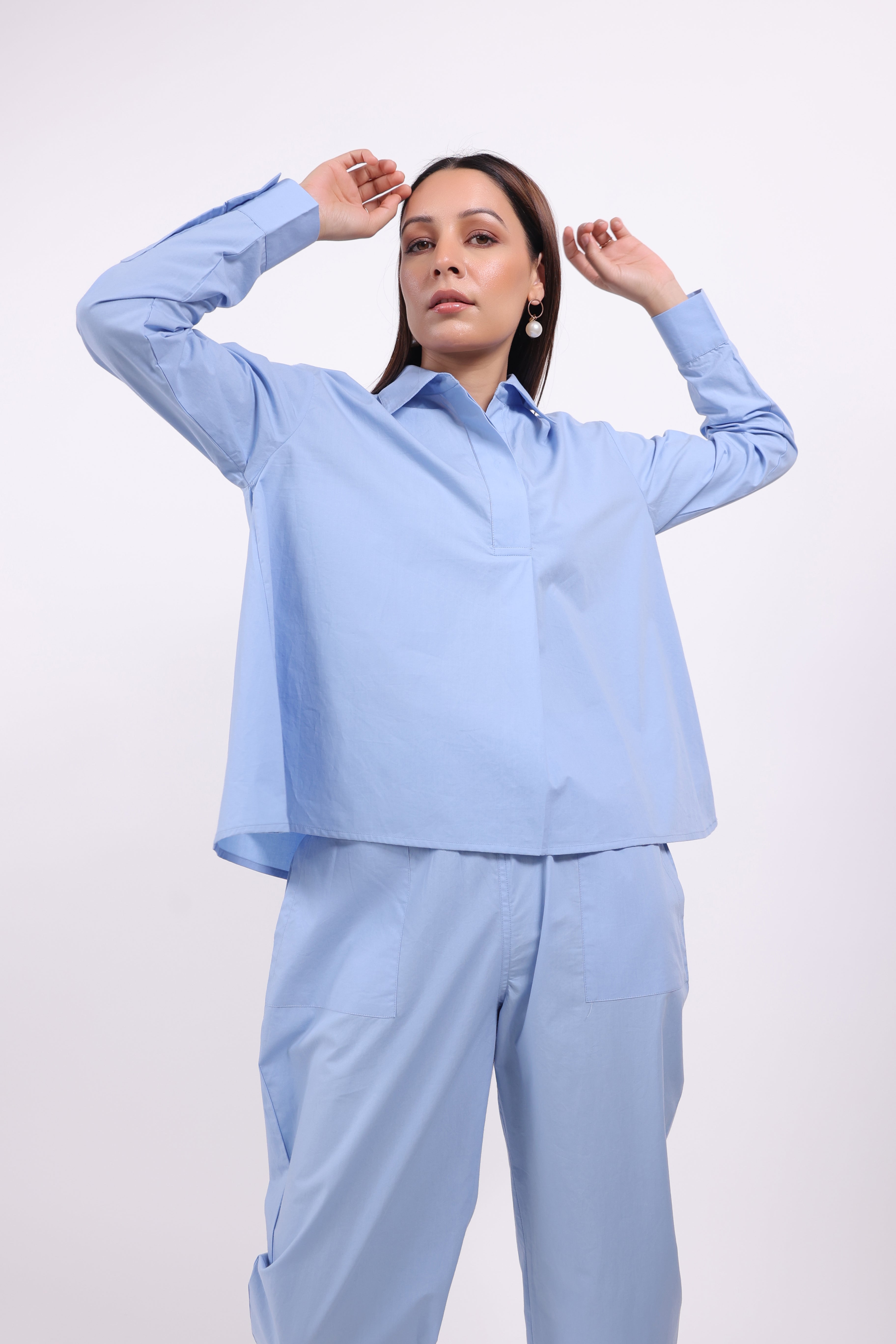 MUUN Women Blue Solid Cotton Top