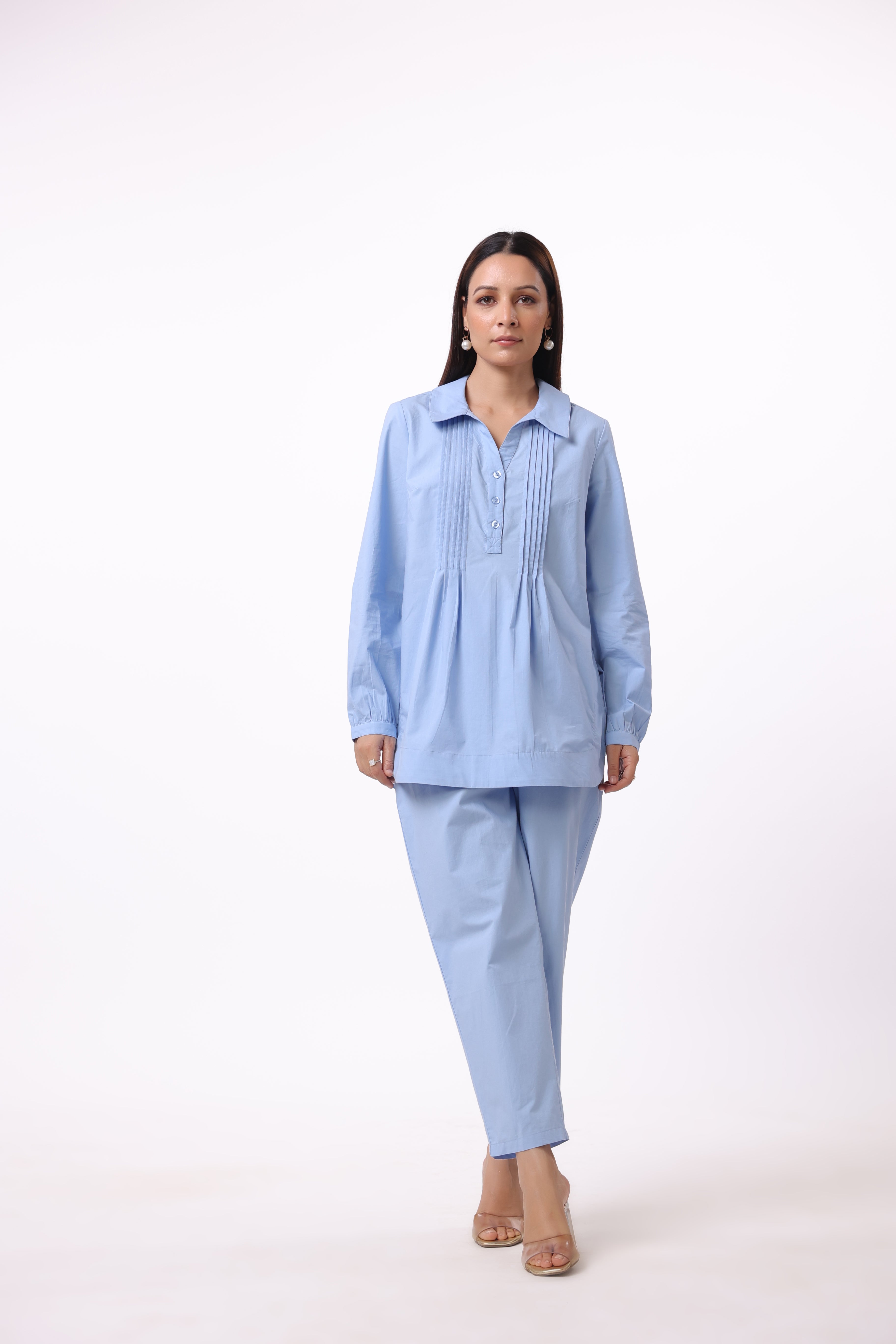 Women’s Blue Cotton Shirt with Blue Cotton Pant Co-Ord Set