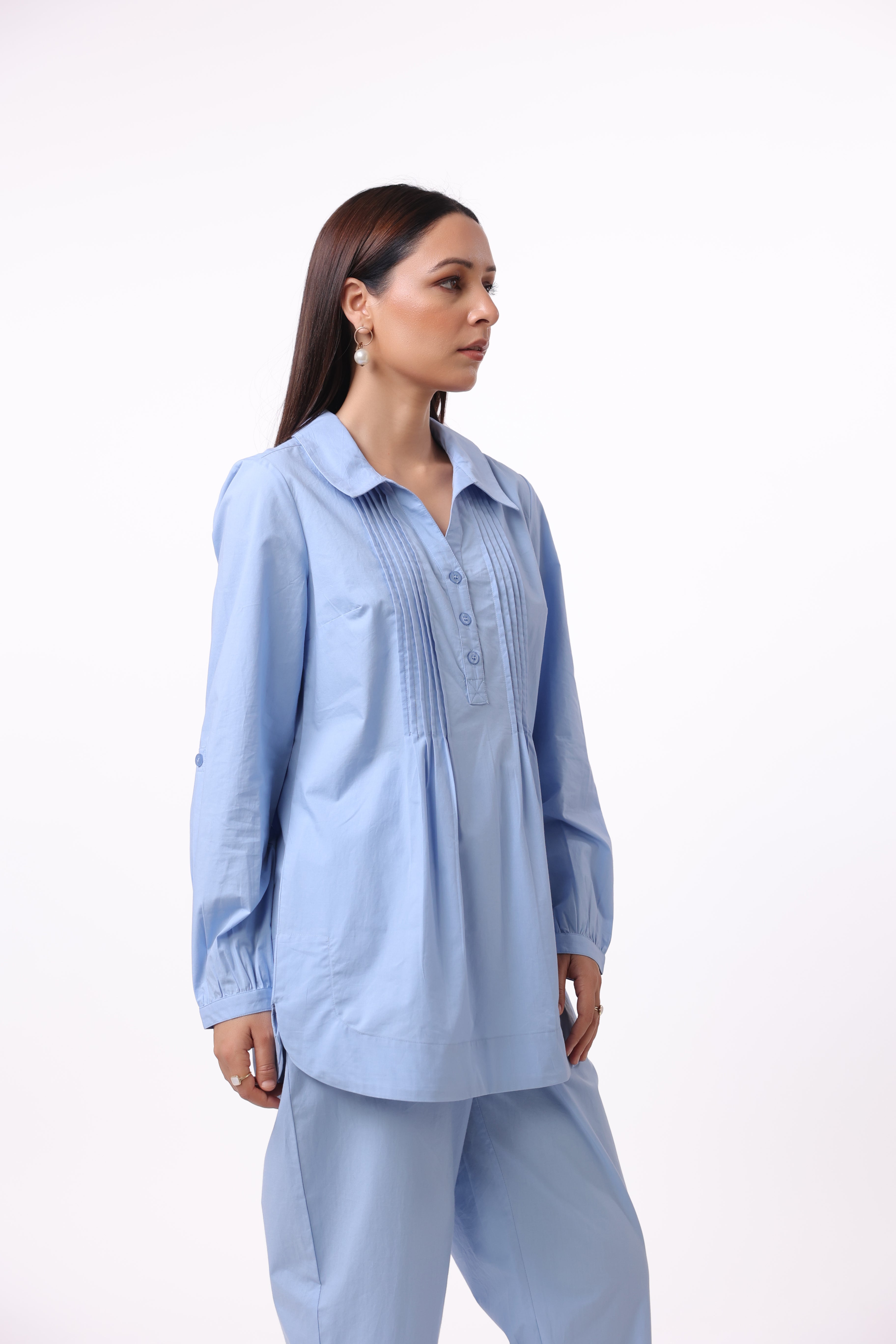 Women’s Blue Cotton Shirt with Blue Cotton Pant Co-Ord Set