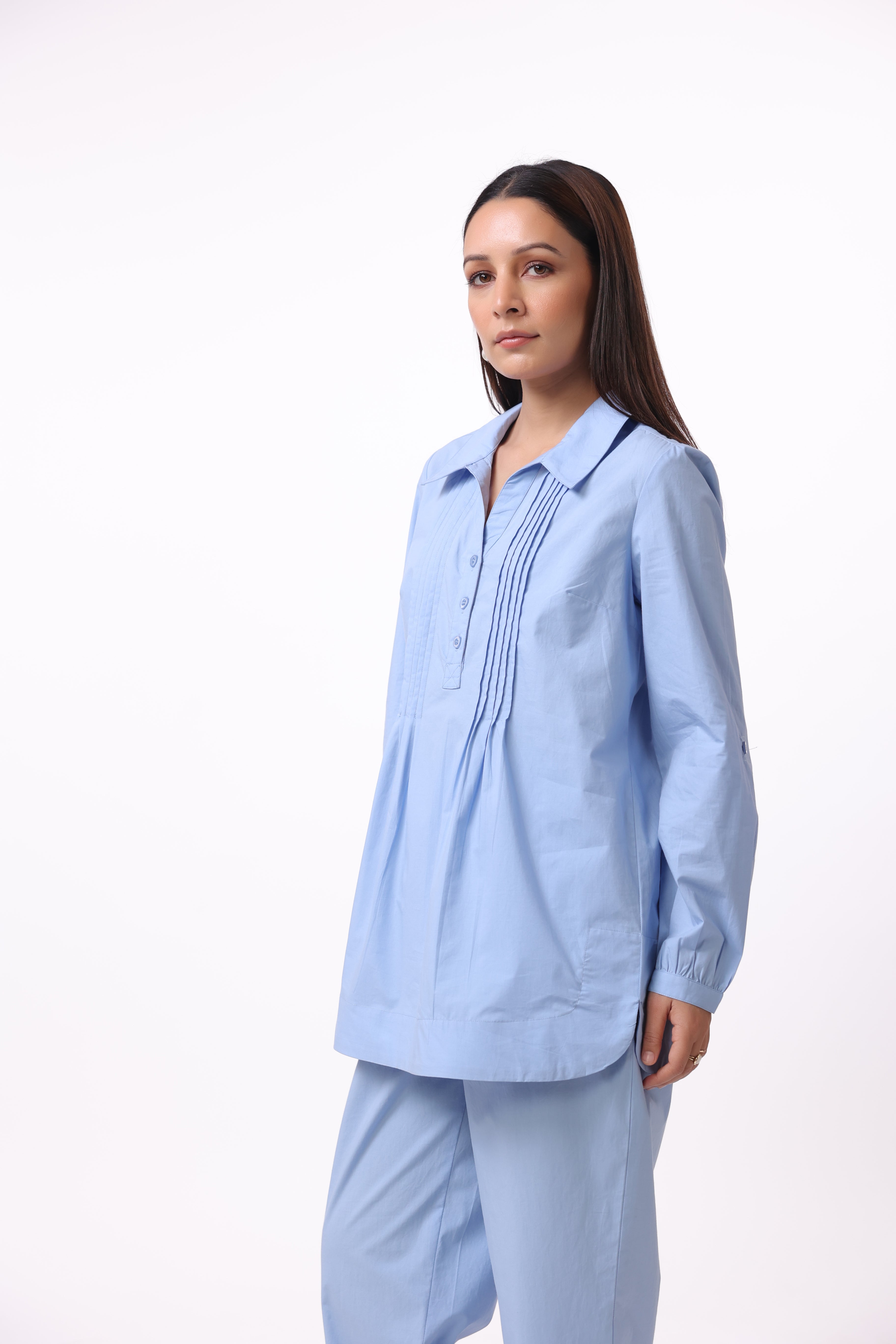 Women’s Blue Cotton Shirt with Blue Cotton Pant Co-Ord Set