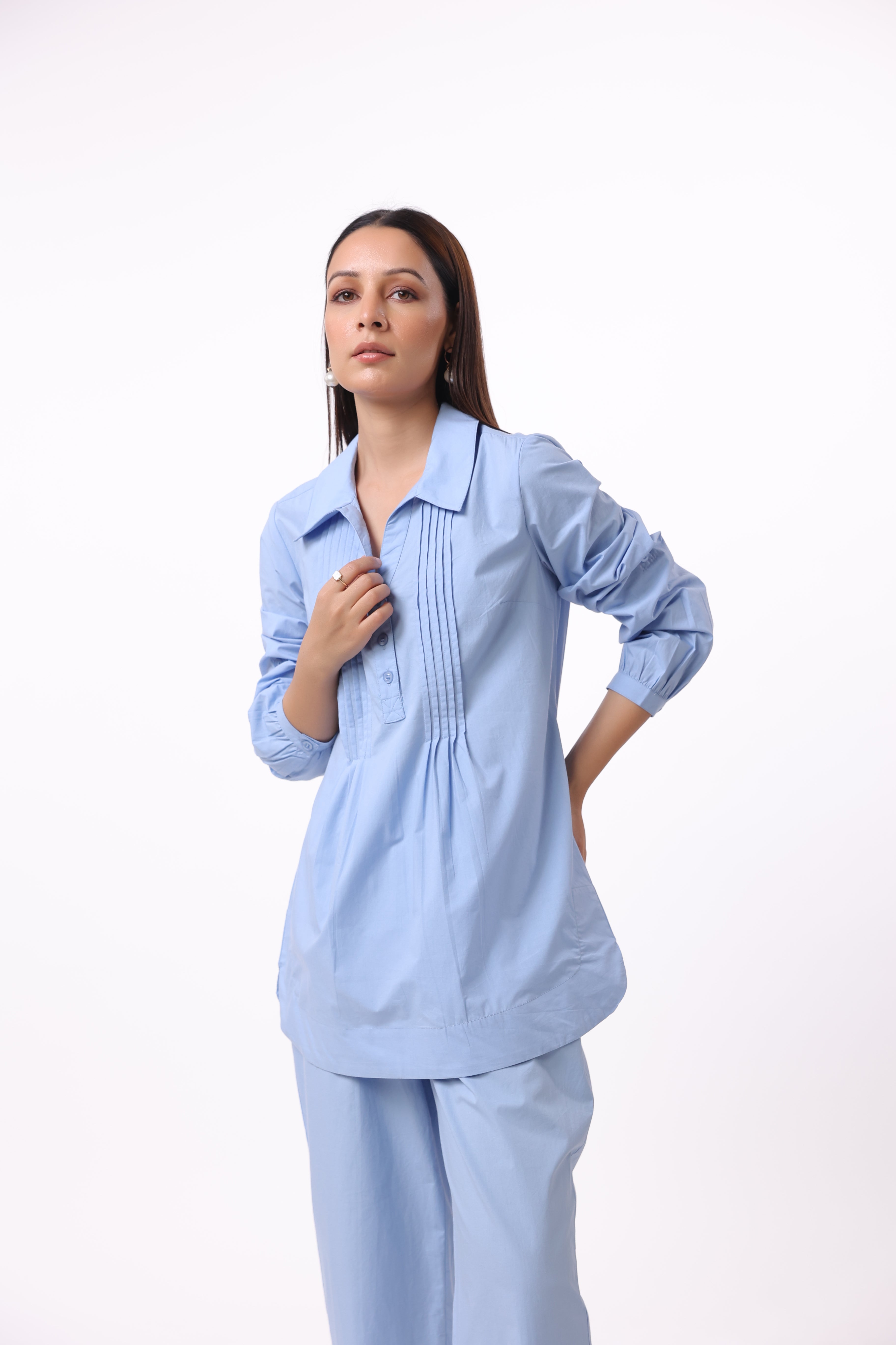 Women’s Blue Cotton Shirt with Blue Cotton Pant Co-Ord Set
