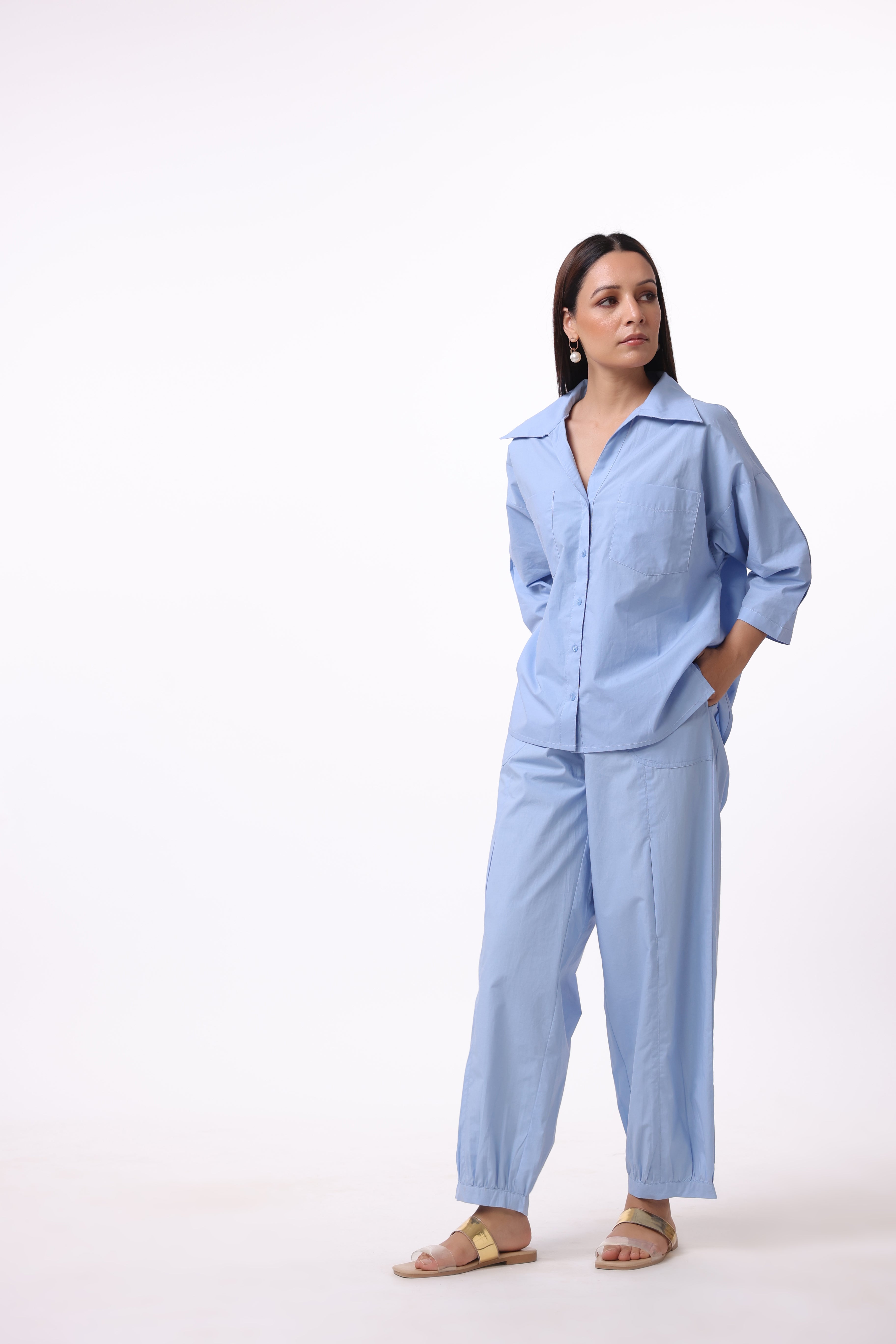 Women’s Blue Cotton Shirt with Cotton Pant Co-Ord Set