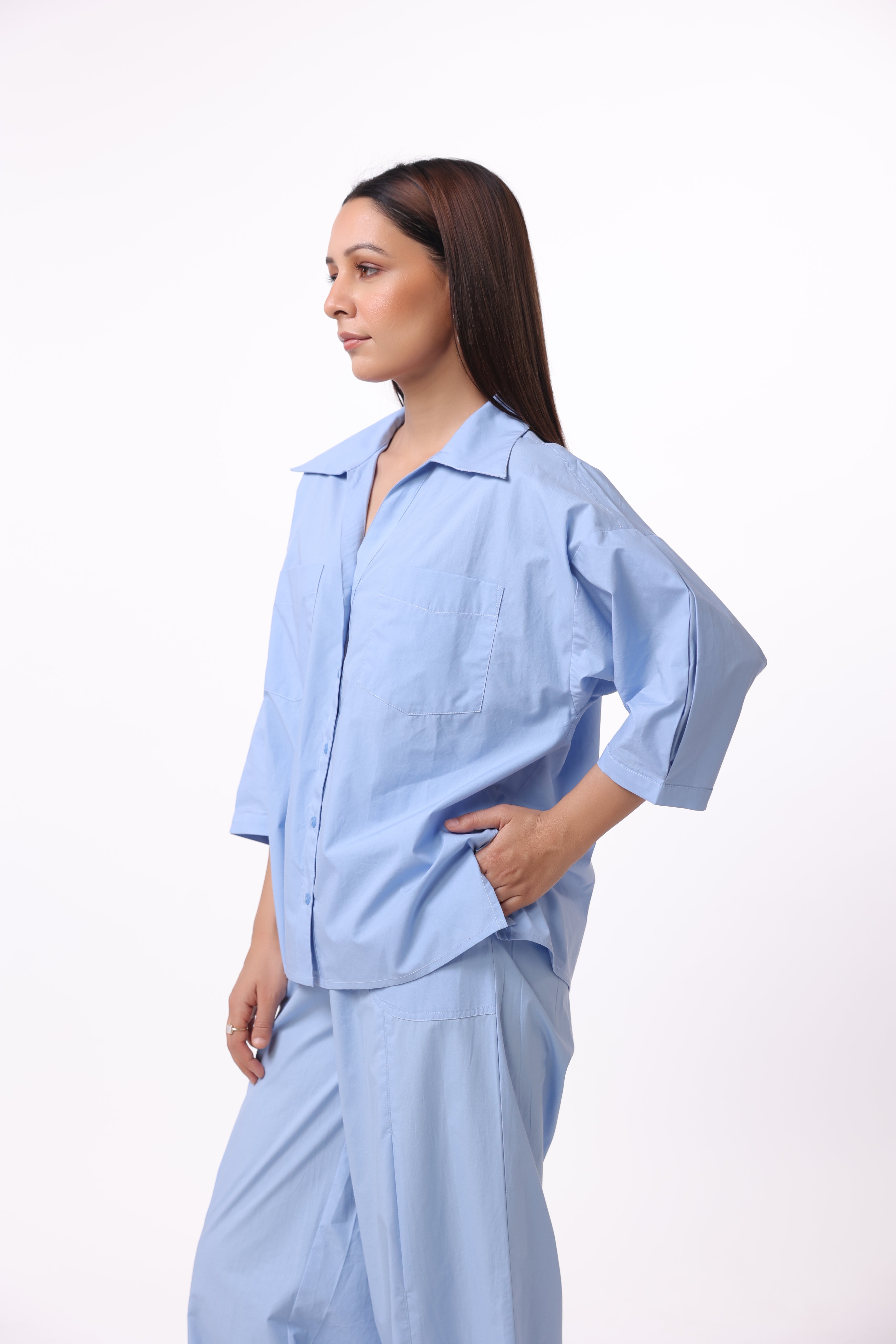 Women’s Blue Cotton Shirt with Cotton Pant Co-Ord Set