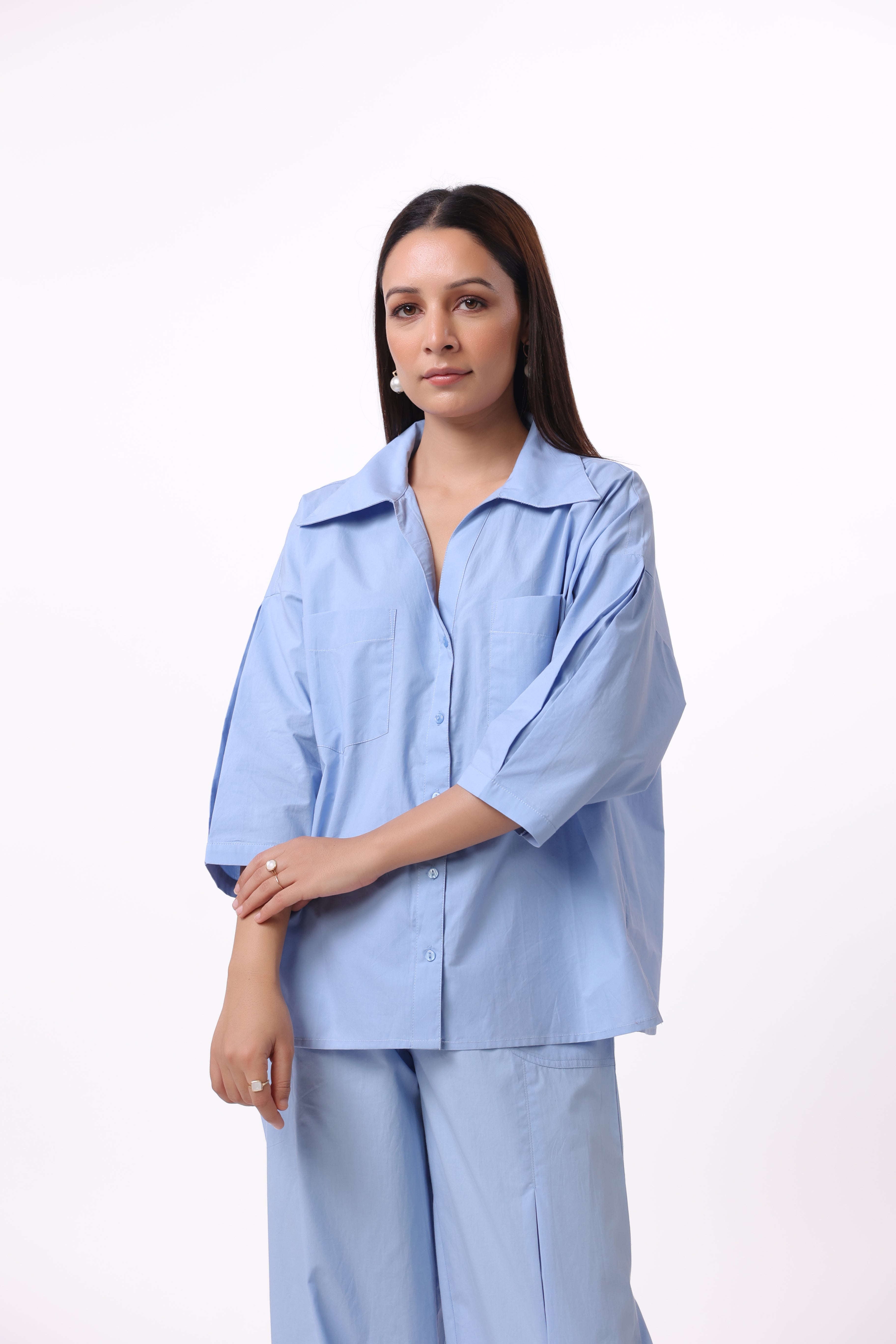 Women’s Blue Cotton Shirt with Cotton Pant Co-Ord Set