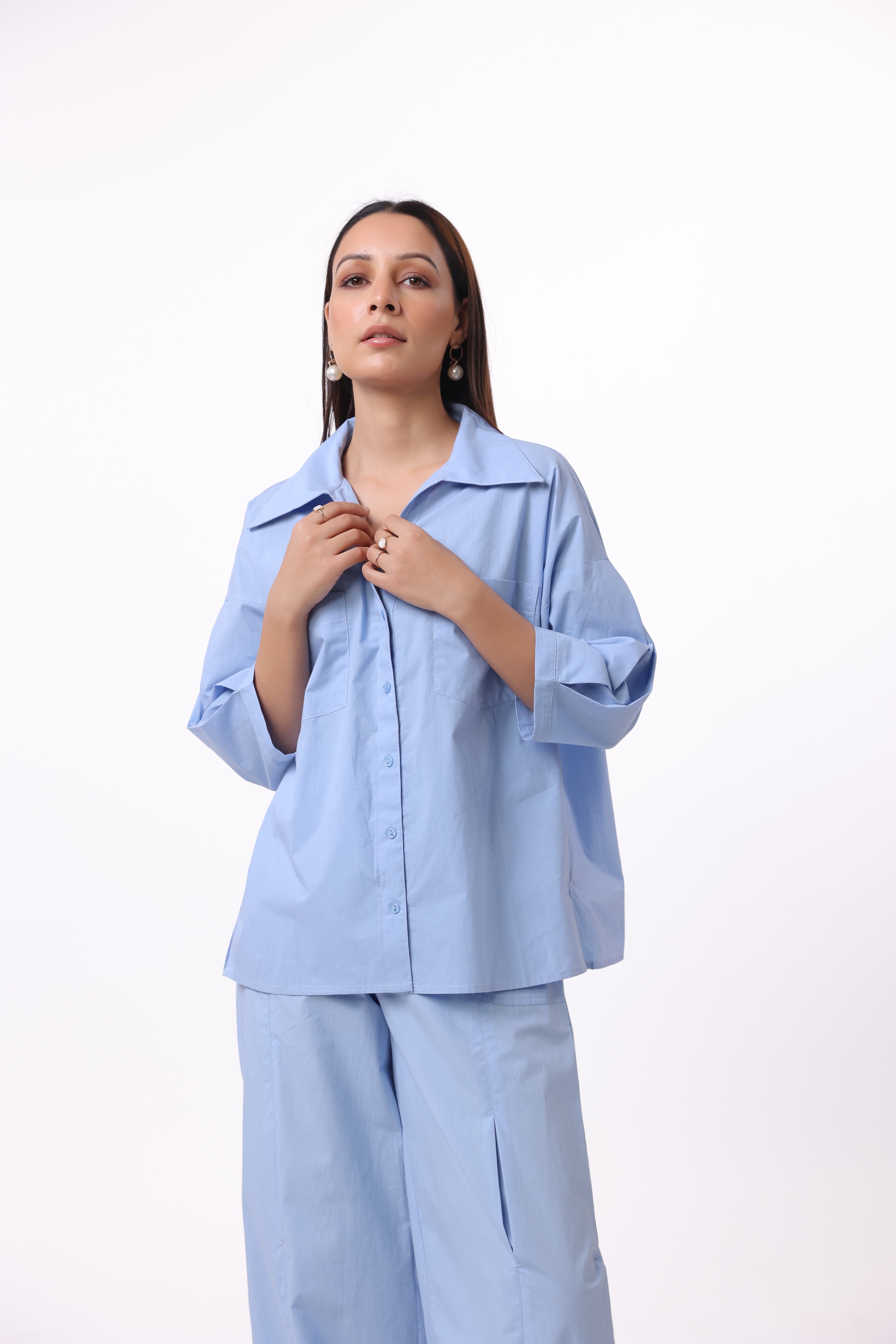 Women’s Blue Cotton Shirt with Cotton Pant Co-Ord Set