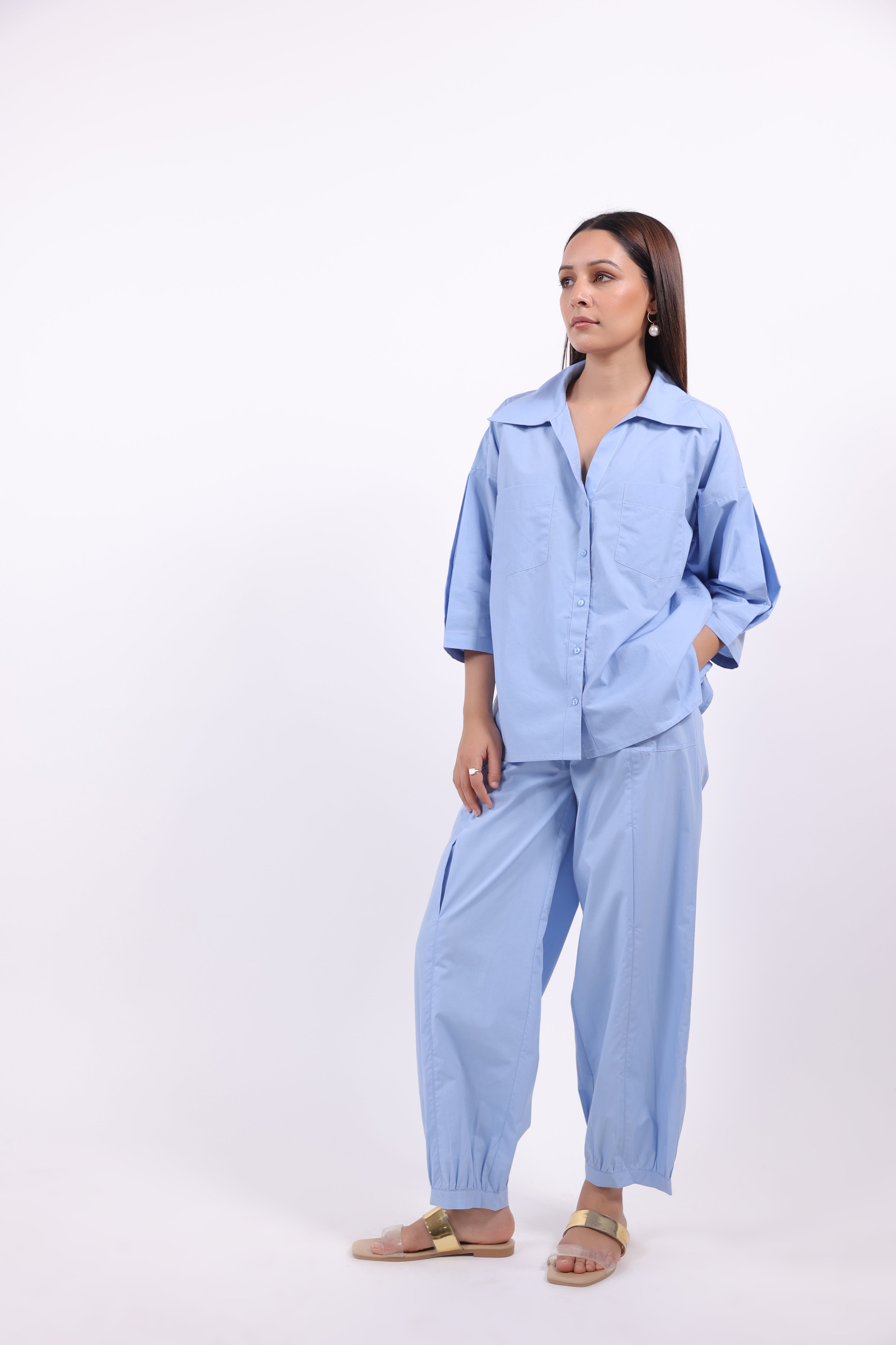 Women’s Blue Cotton Shirt with Cotton Pant Co-Ord Set