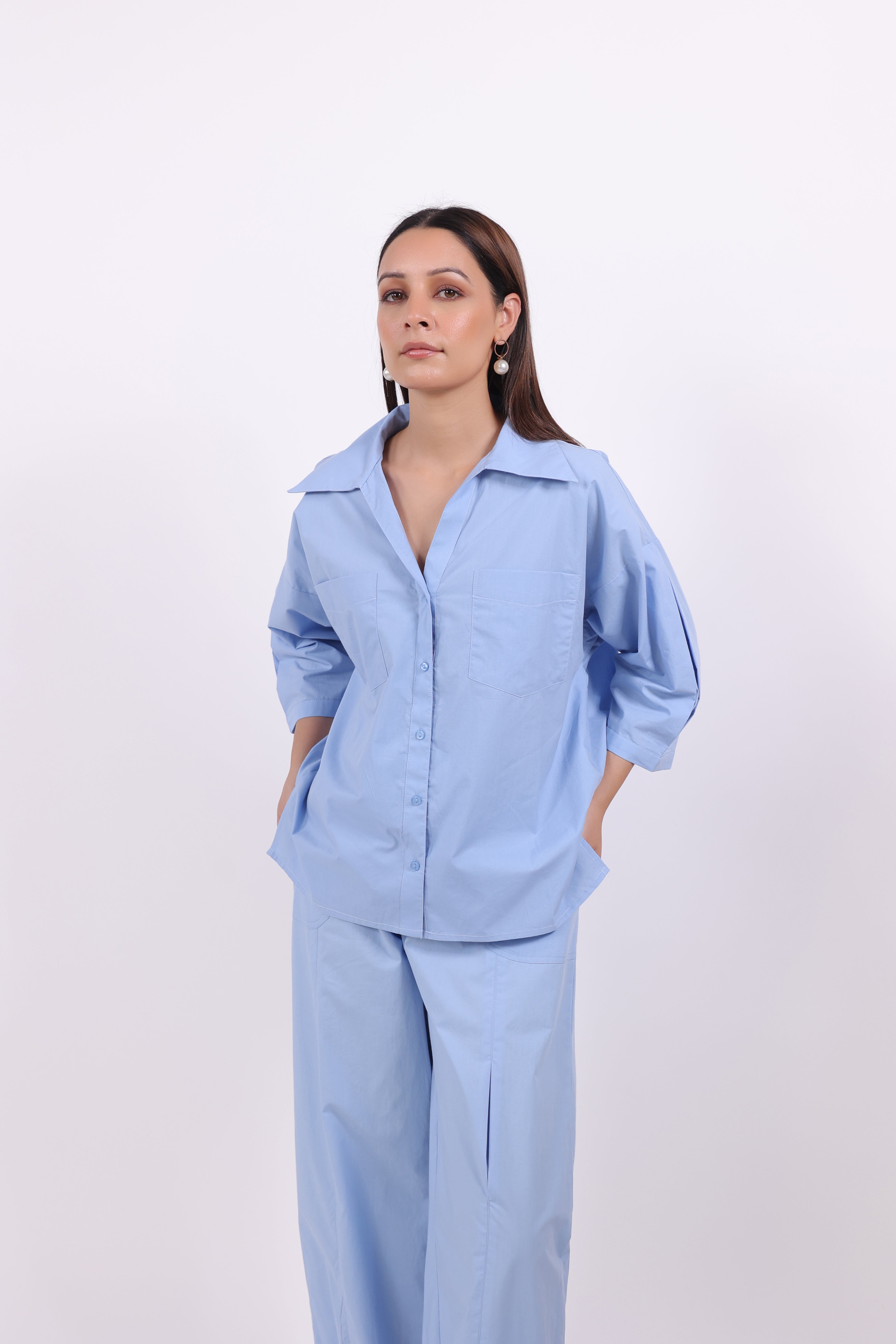 Women’s Blue Cotton Shirt with Cotton Pant Co-Ord Set