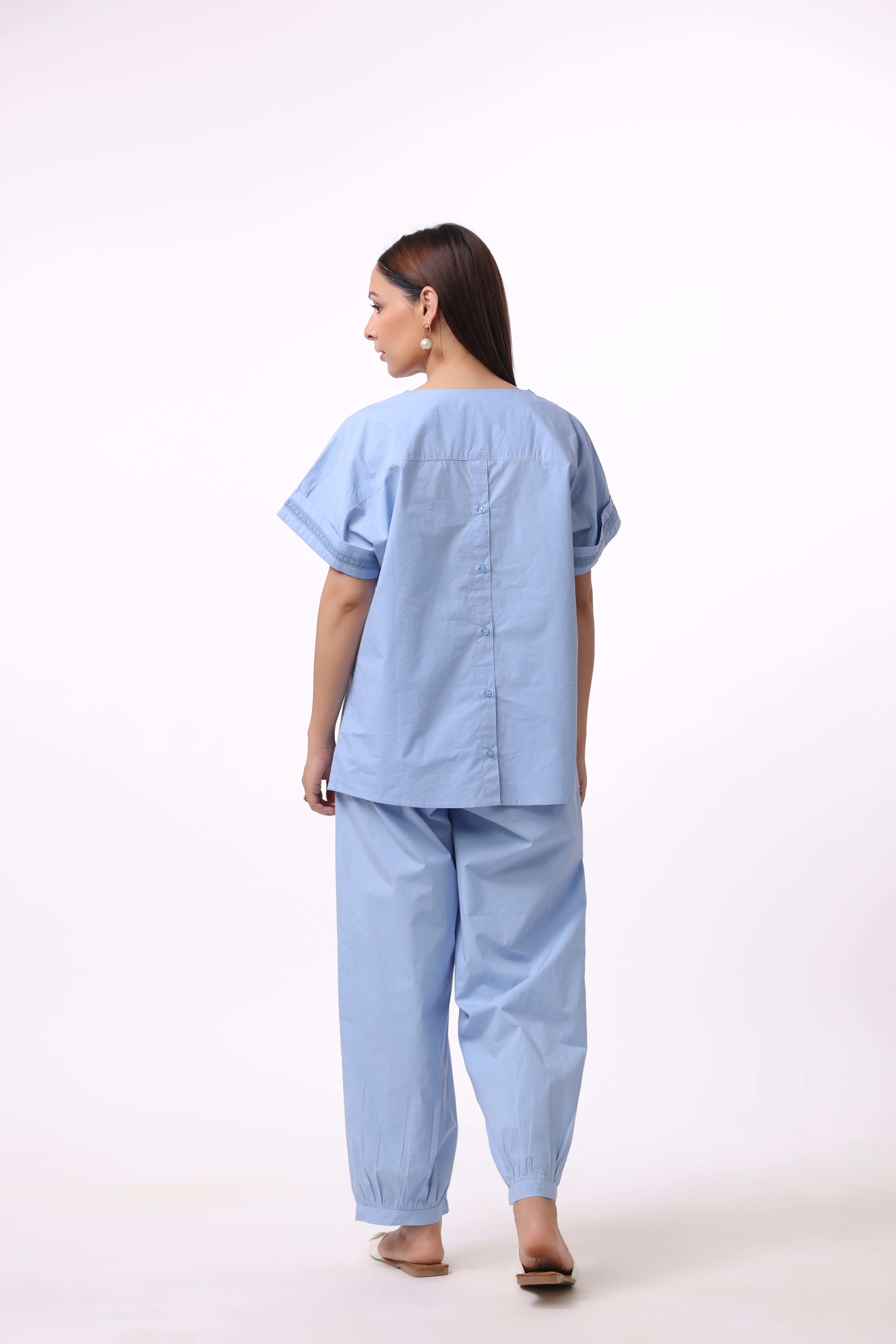 Women’s Blue Cotton Shirt with Blue Cotton Pant Co-Ord Set