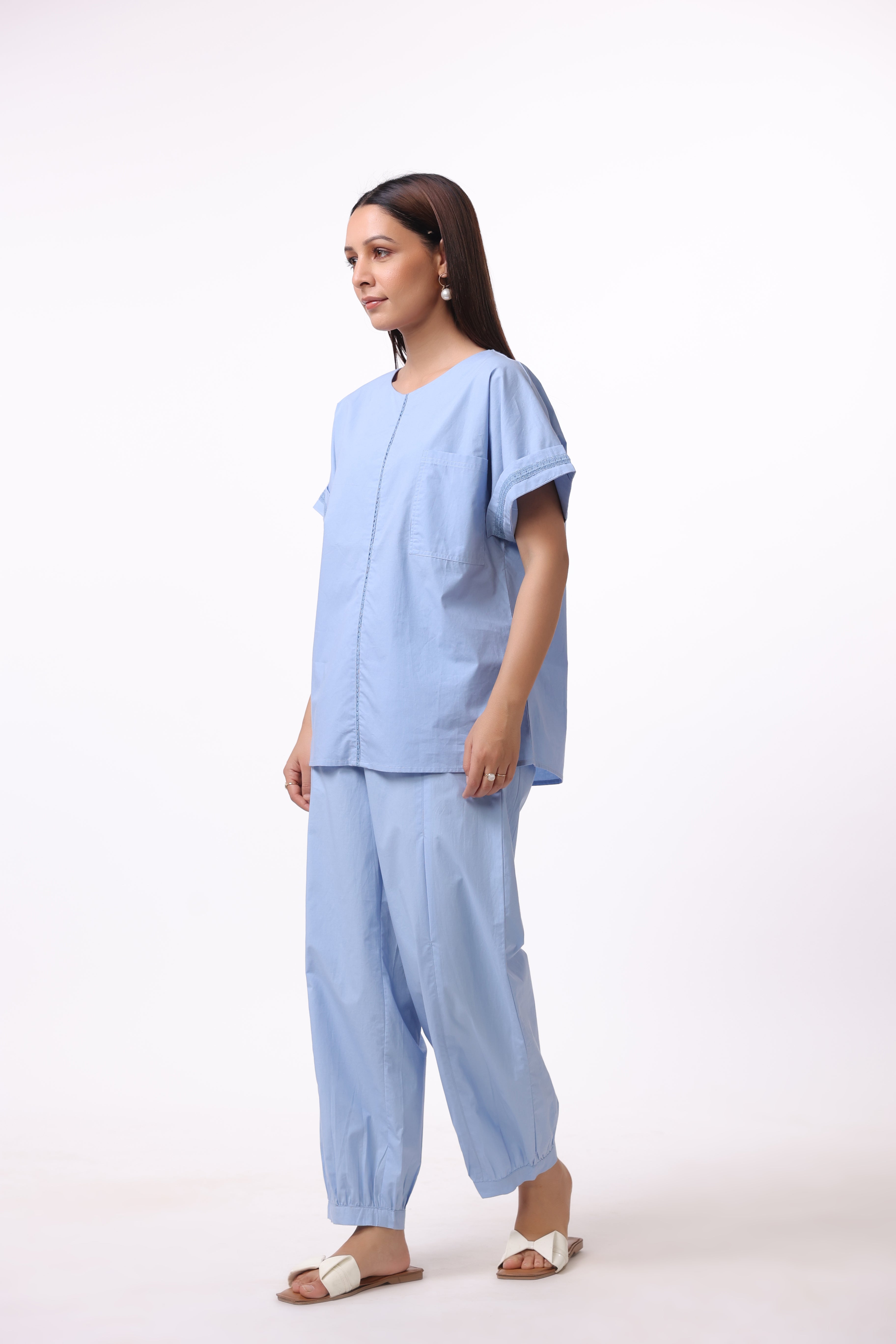 Women’s Blue Cotton Shirt with Blue Cotton Pant Co-Ord Set