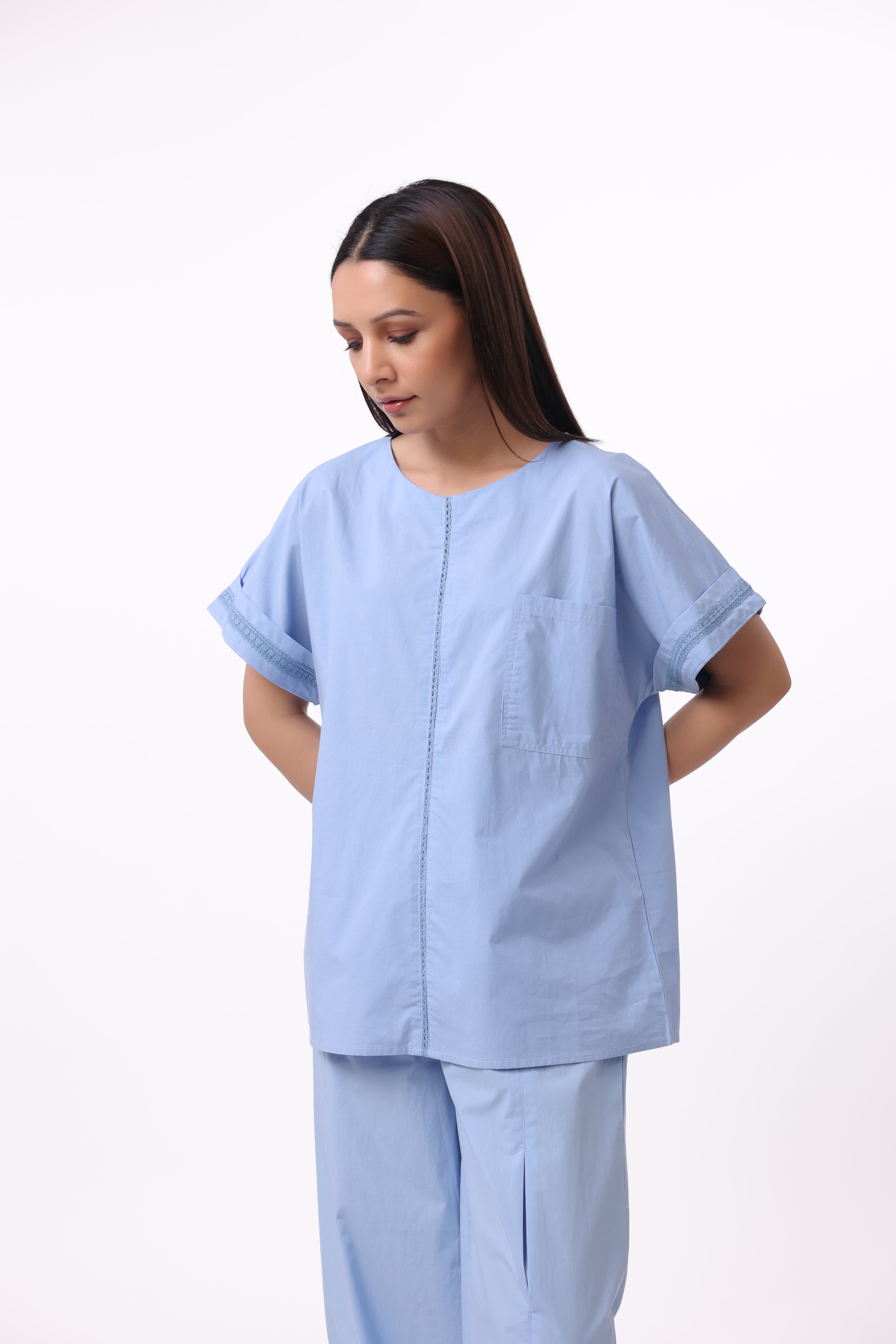 Women’s Blue Cotton Shirt with Blue Cotton Pant Co-Ord Set
