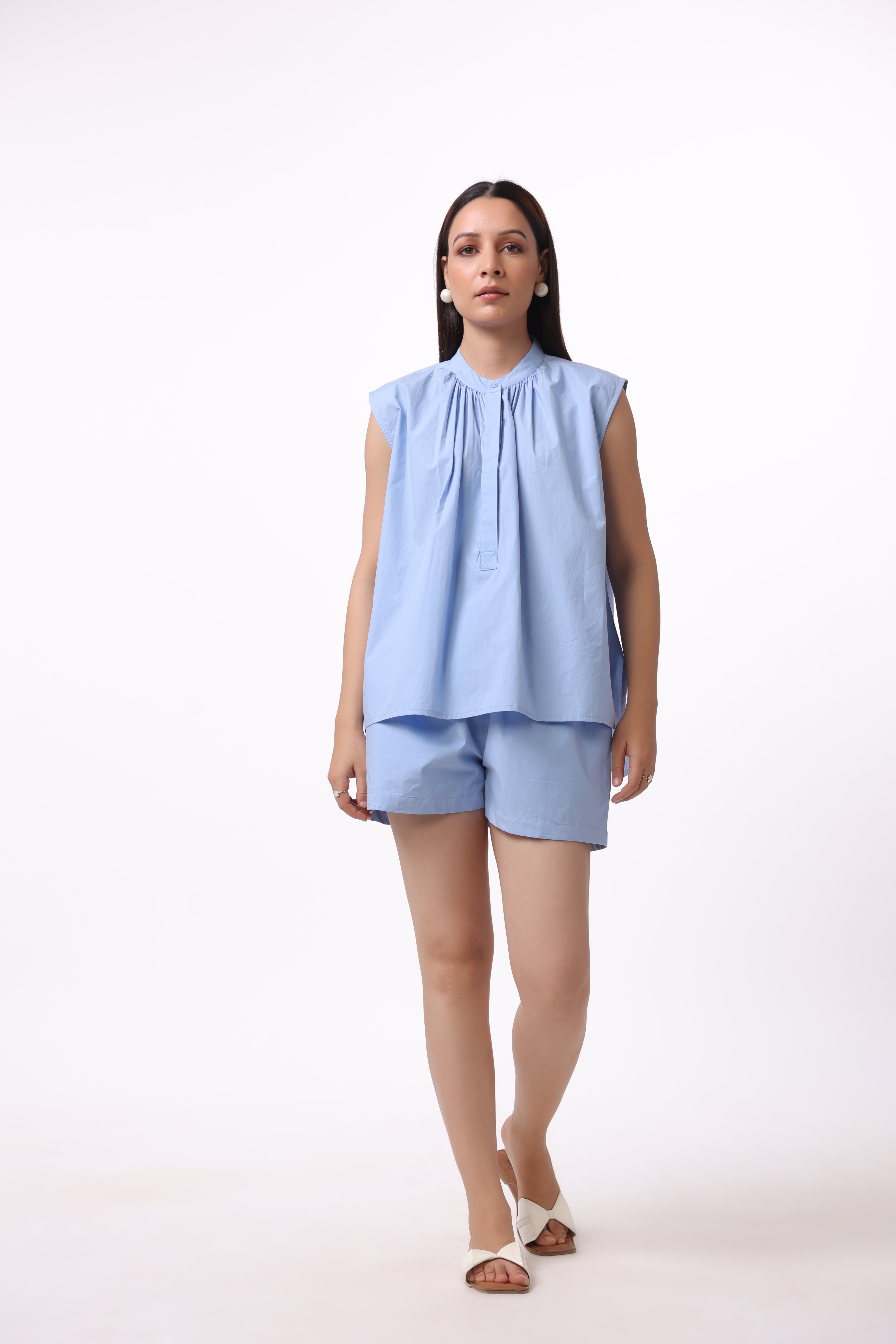 Women’s Blue Cotton Top with Blue Cotton Shorts Co-Ord Set