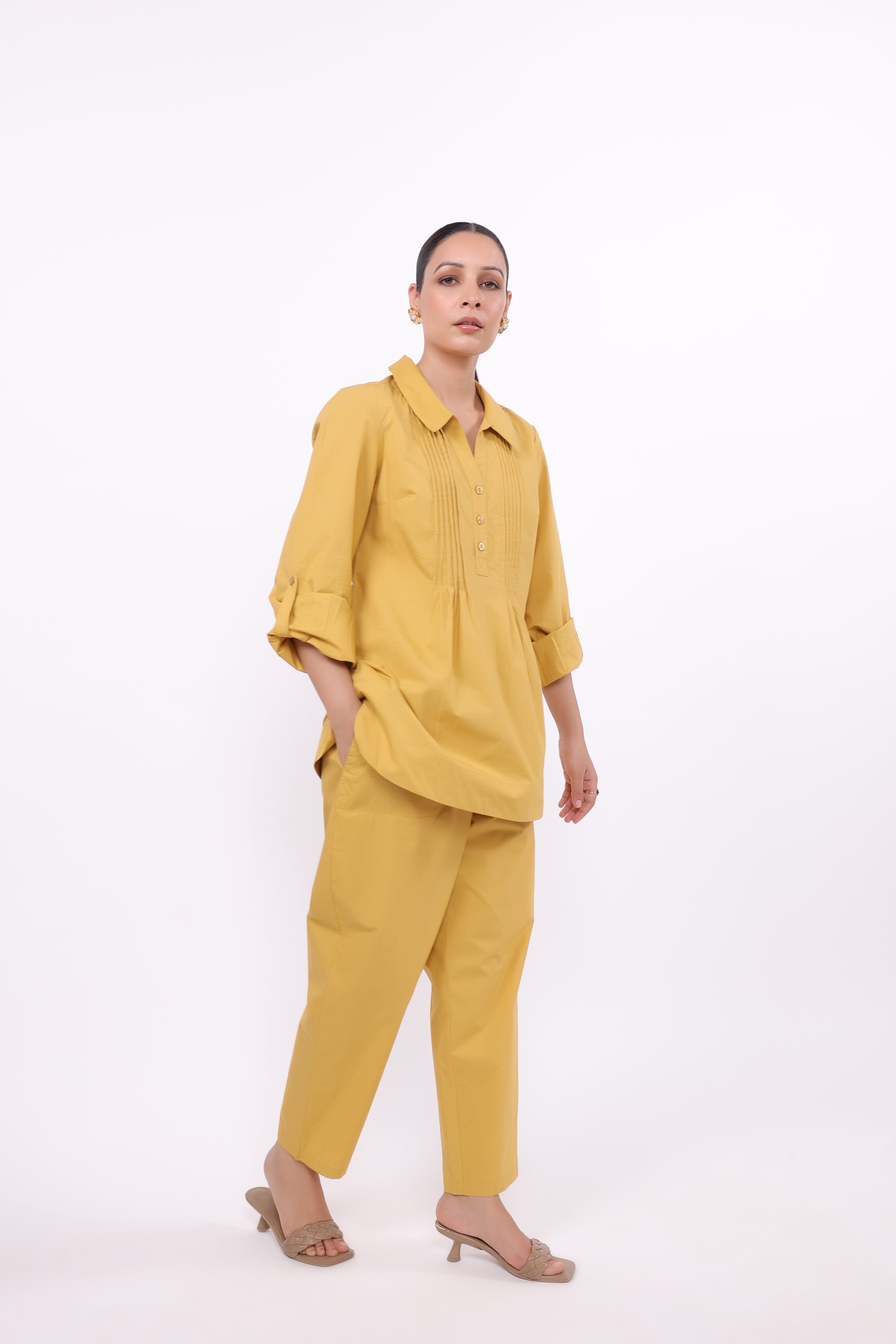 Women’s Yellow Cotton Shirt with Yellow Cotton Pant Co-Ord Set