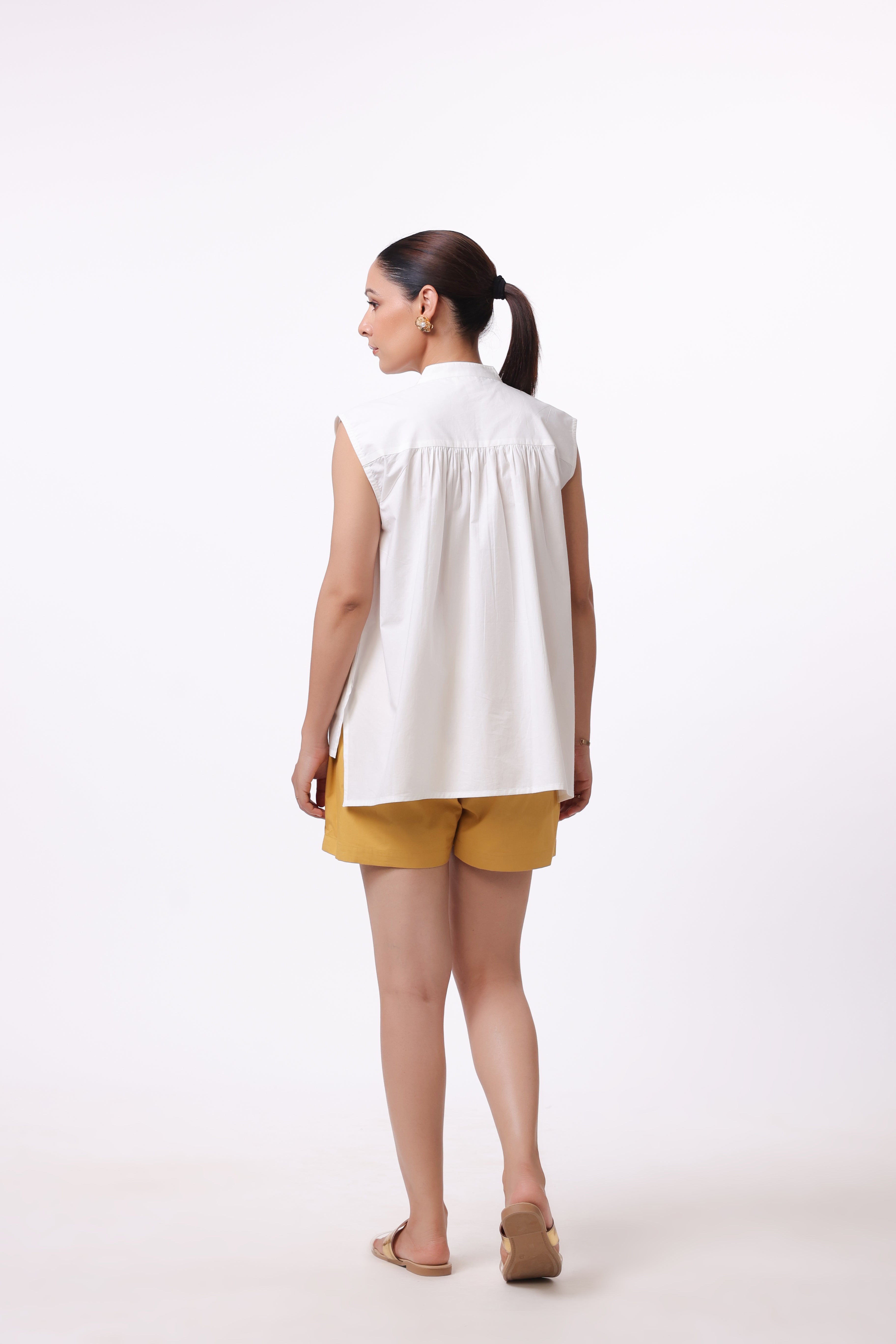 Women’s White Cotton Top with Yellow Cotton Shorts Co-Ord Set