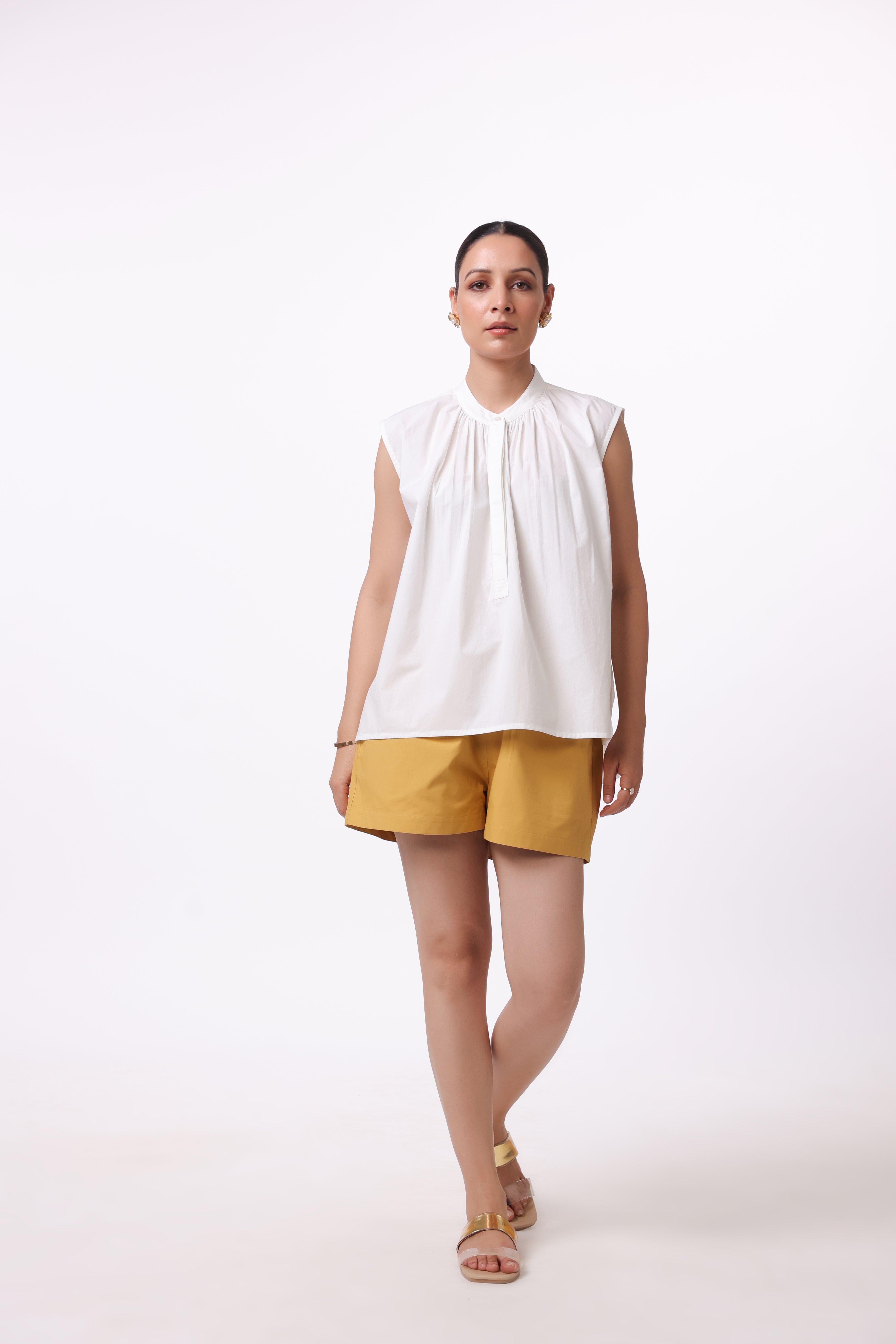 Women’s White Cotton Top with Yellow Cotton Shorts Co-Ord Set