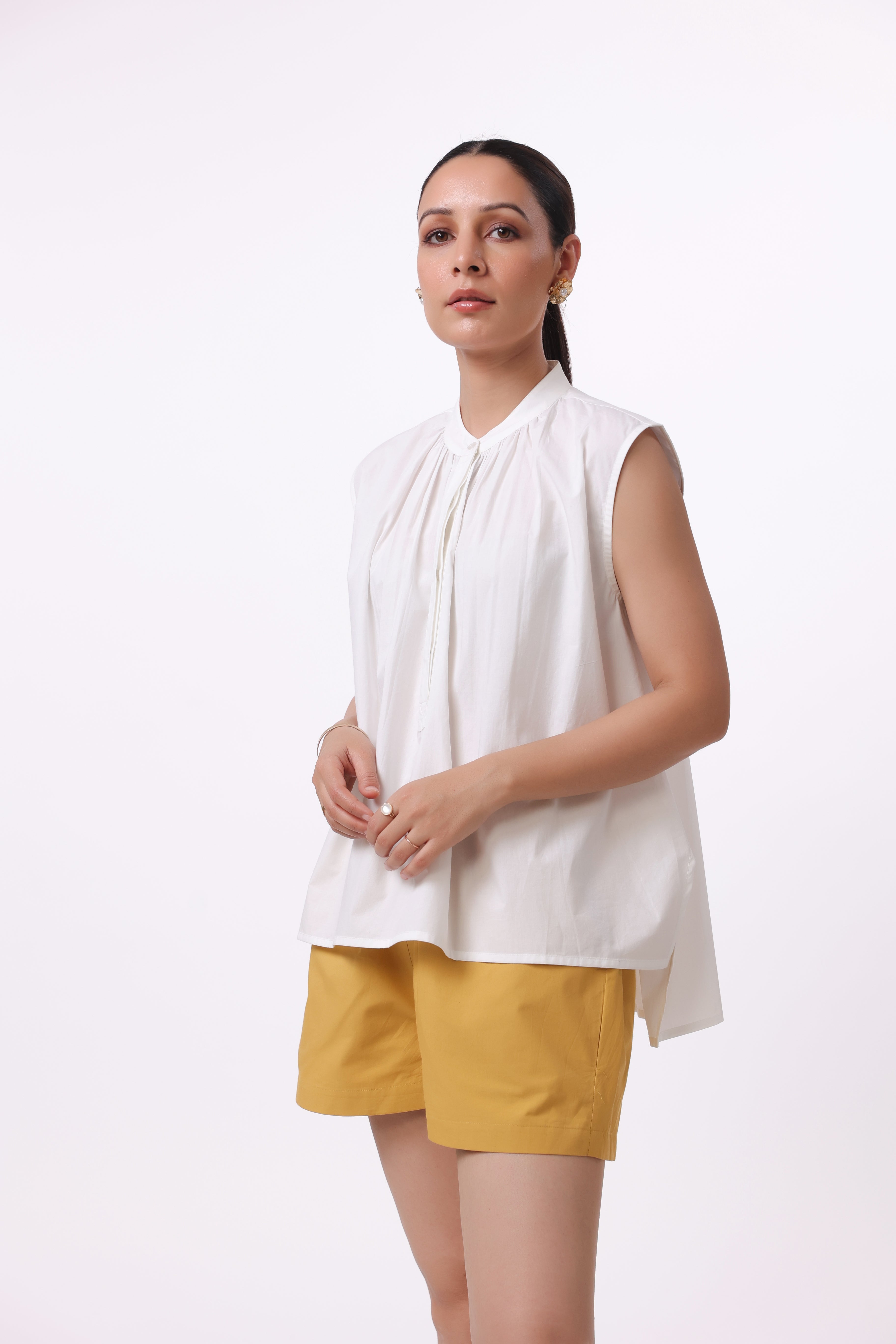 Women’s White Cotton Top with Yellow Cotton Shorts Co-Ord Set