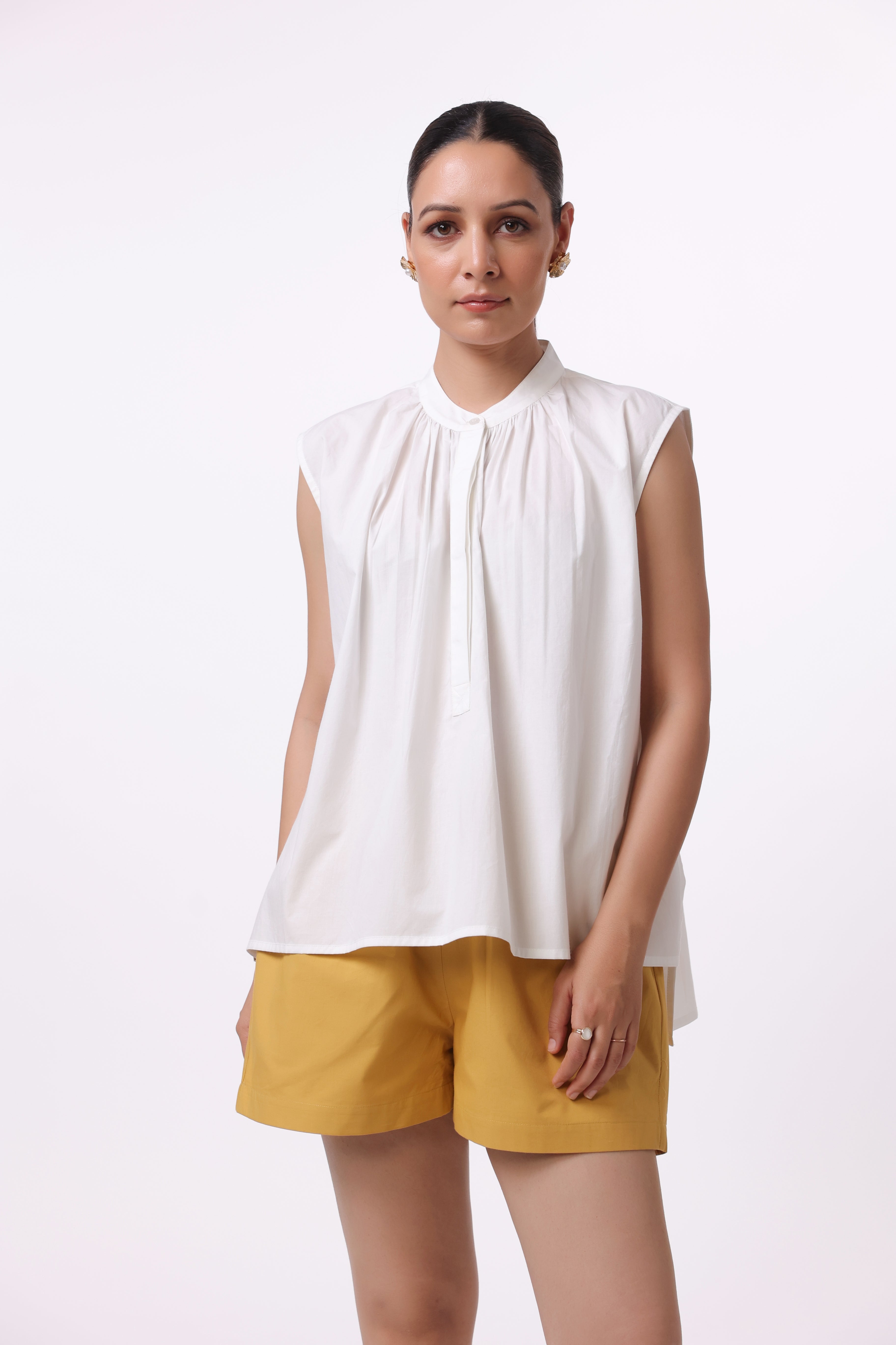 Women’s White Cotton Top with Yellow Cotton Shorts Co-Ord Set