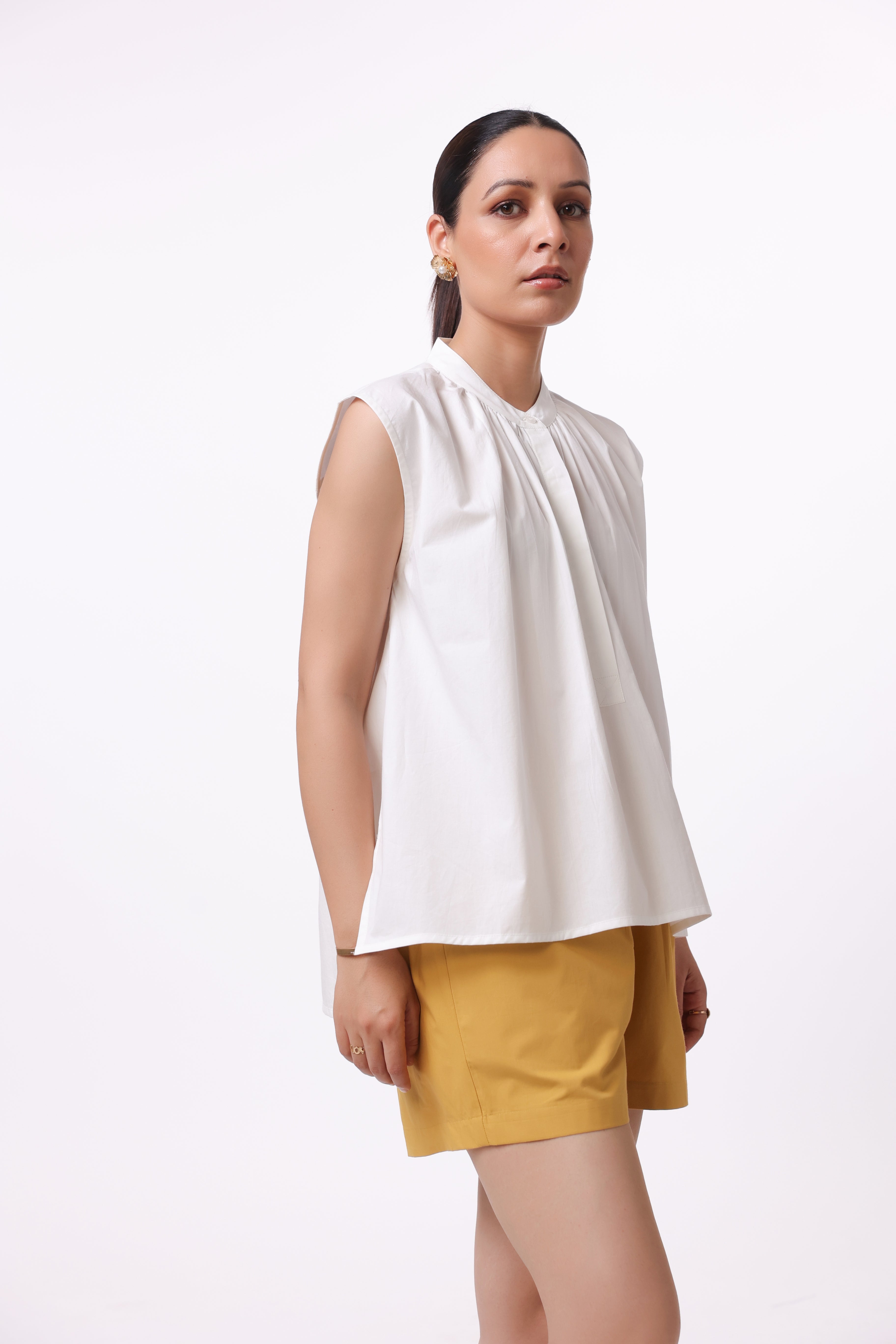 Women’s White Cotton Top with Yellow Cotton Shorts Co-Ord Set