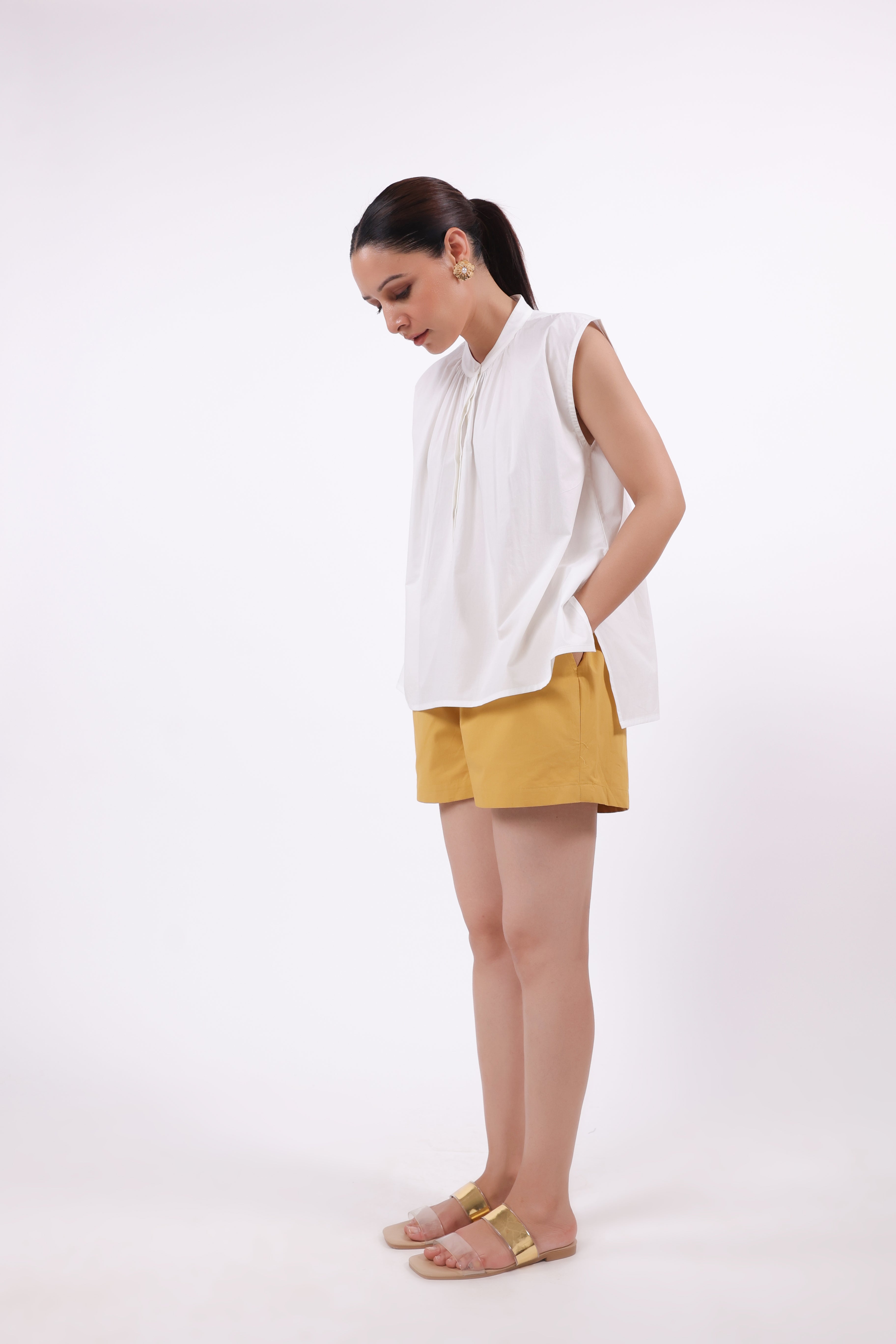 Women’s White Cotton Top with Yellow Cotton Shorts Co-Ord Set