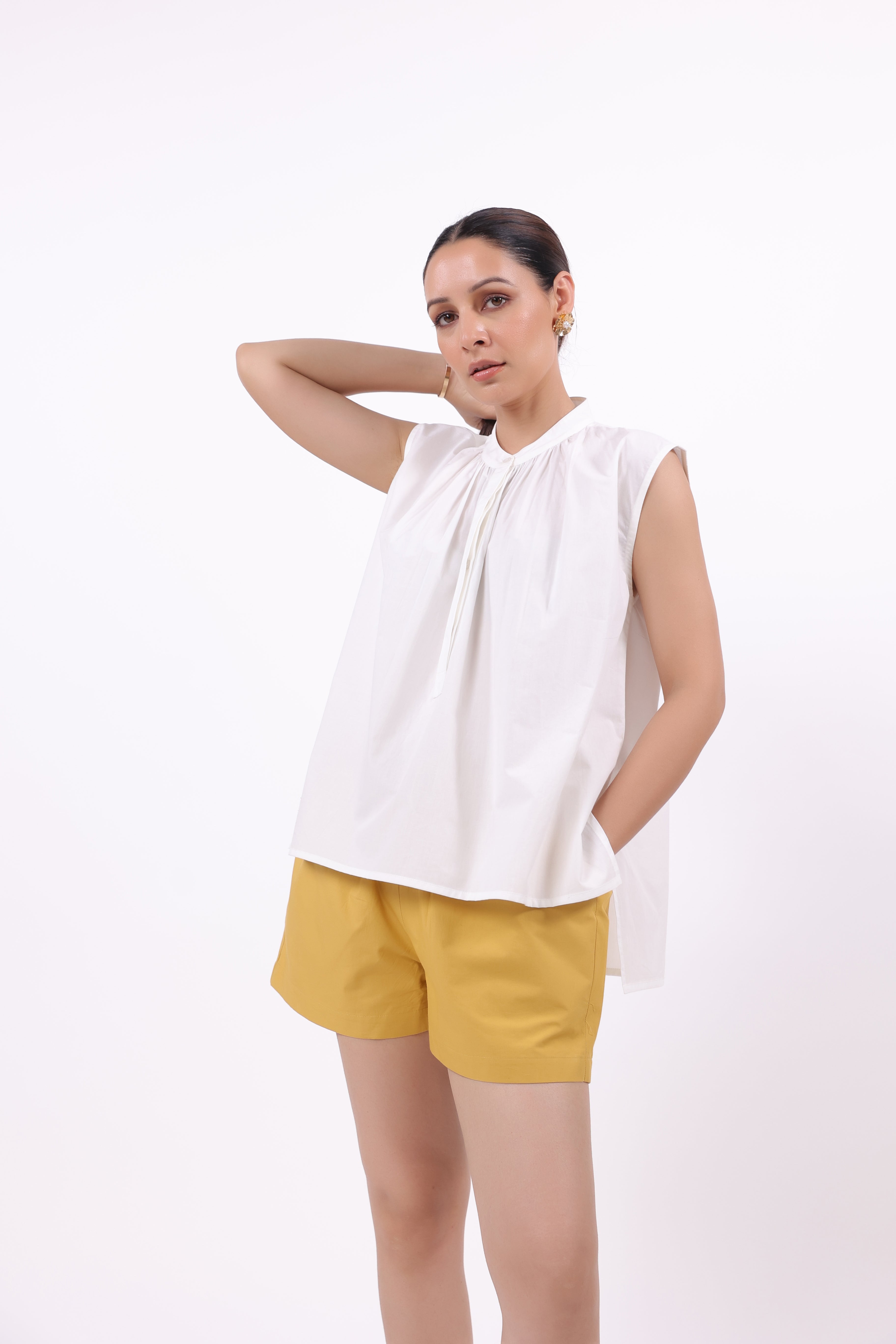 Women’s White Cotton Top with Yellow Cotton Shorts Co-Ord Set