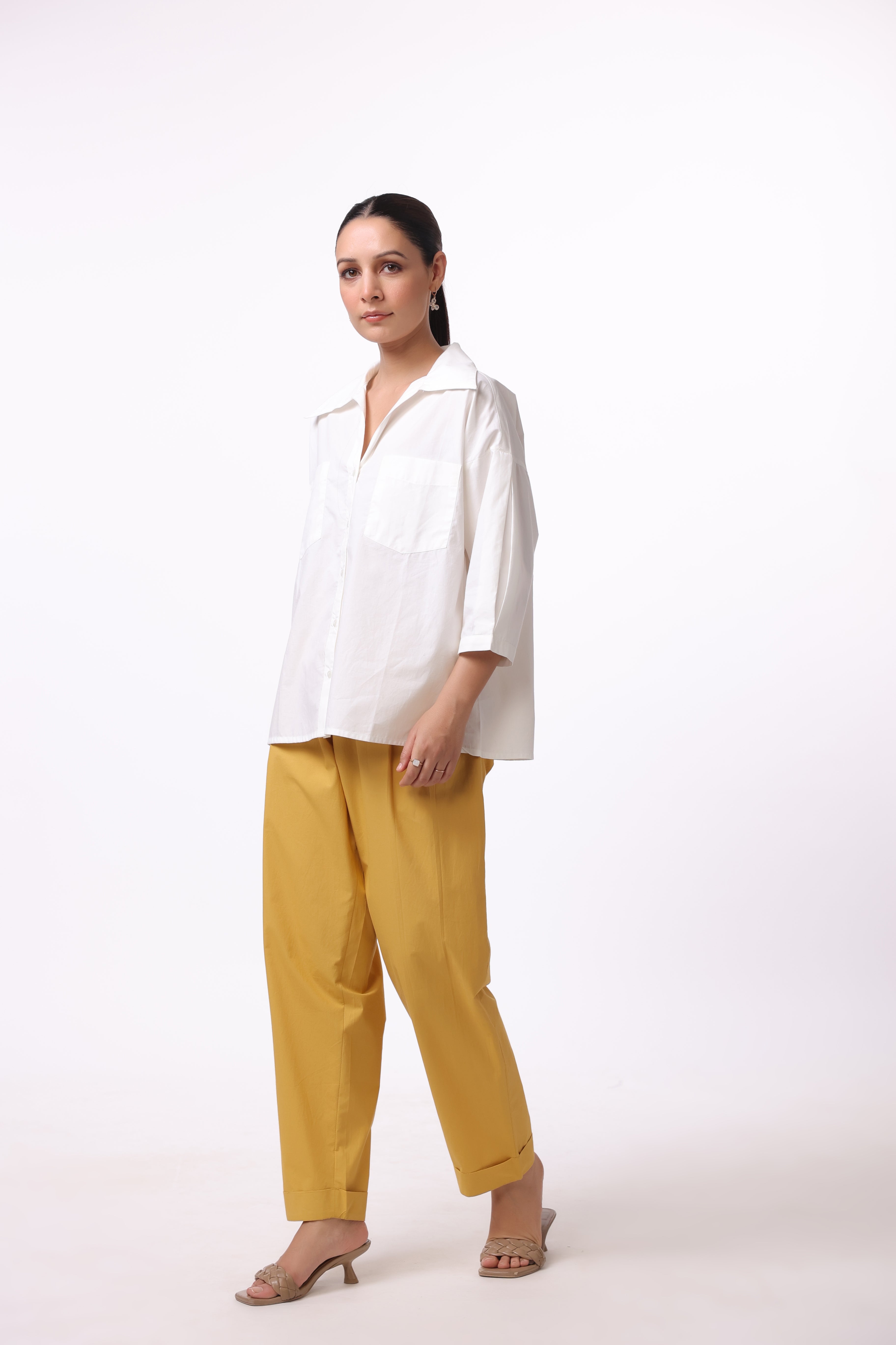 Women’s White Cotton Shirt with Yellow Cotton Pant Co-Ord Set