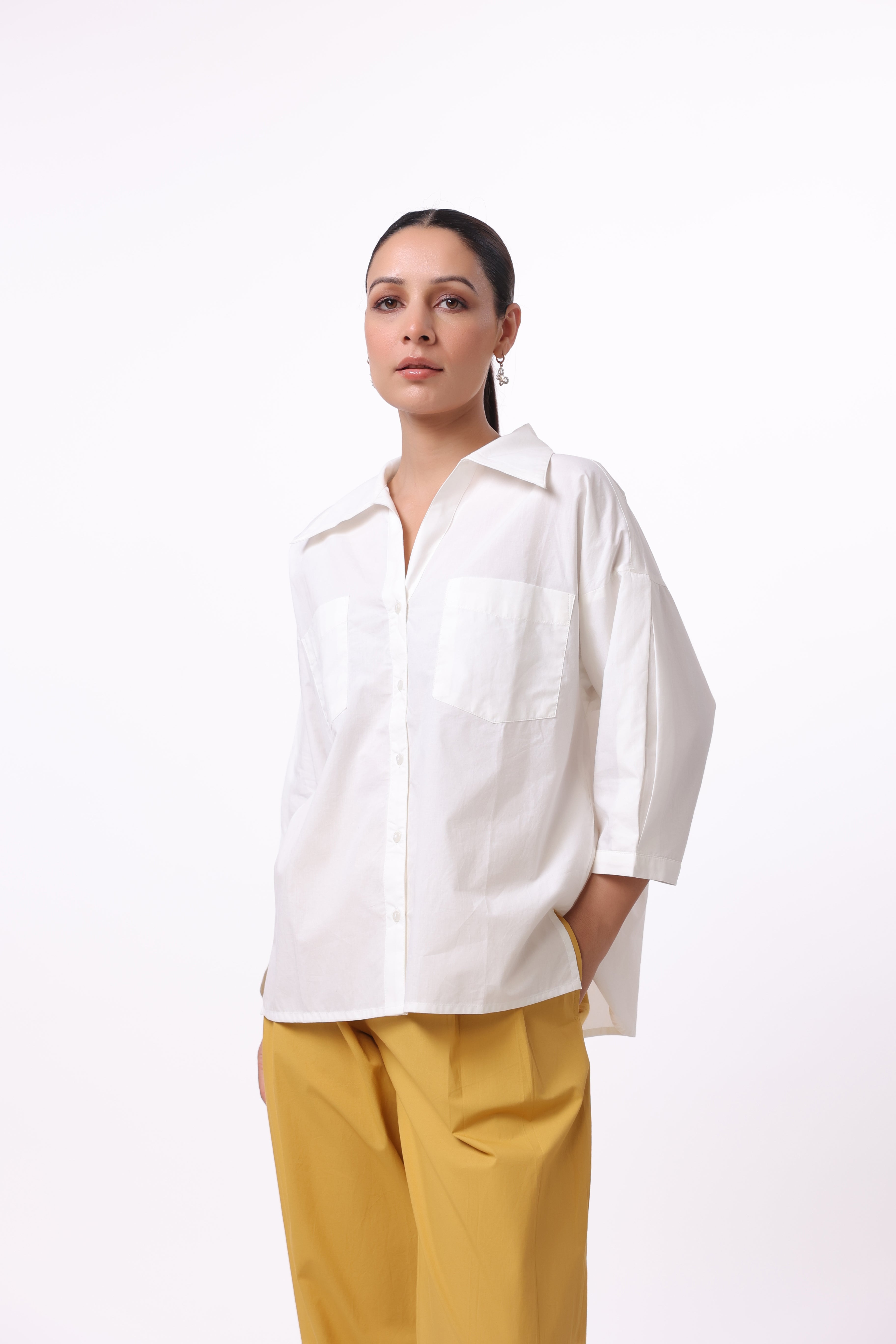 Women’s White Cotton Shirt with Yellow Cotton Pant Co-Ord Set