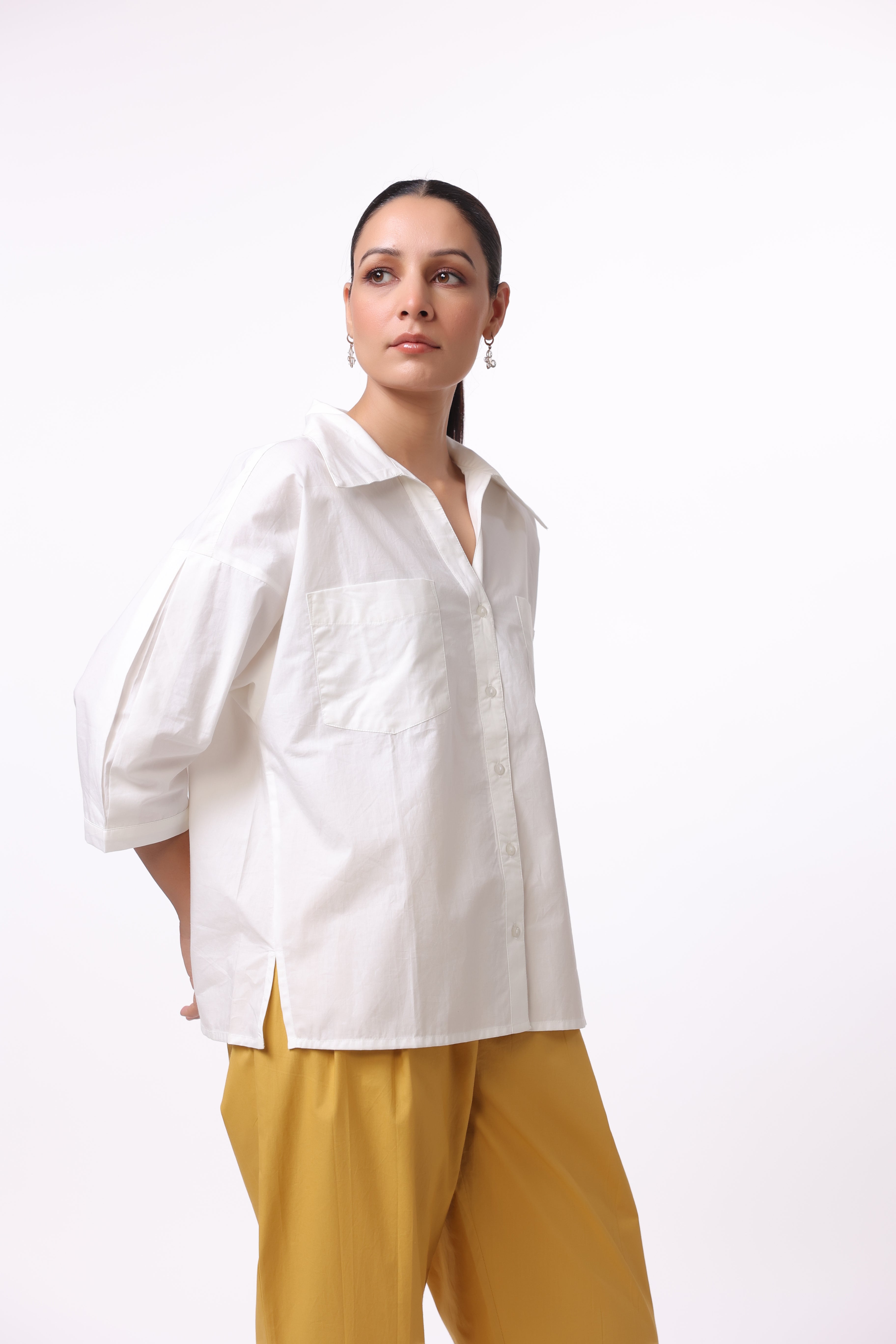 Women’s White Cotton Shirt with Yellow Cotton Pant Co-Ord Set